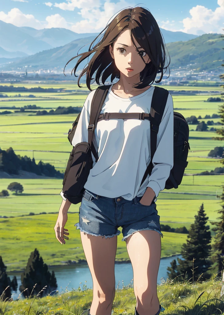 (beautiful and magnificent skyline, majestic sky), (extremely tense and dramatic pictures, moving visual effects), (high hanging Polaris, colorful natural light), (1girl), (long-sleeved top, denim shorts, carrying a backpack), (dynamic pose:1.3, black eyes, black hime-cut hair, sparkling girl)[:0.8], (large grassland), (oncoming breeze), (brown hair and background Coordination effect: 1.2), (close shot, long shot mix and match)[::0.9]