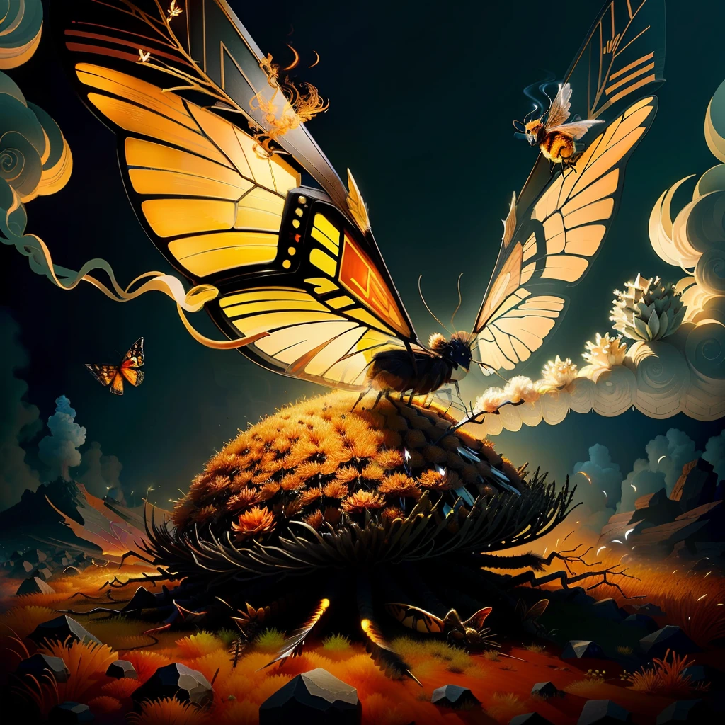 anthill with moth with burning wings and smoke realistic