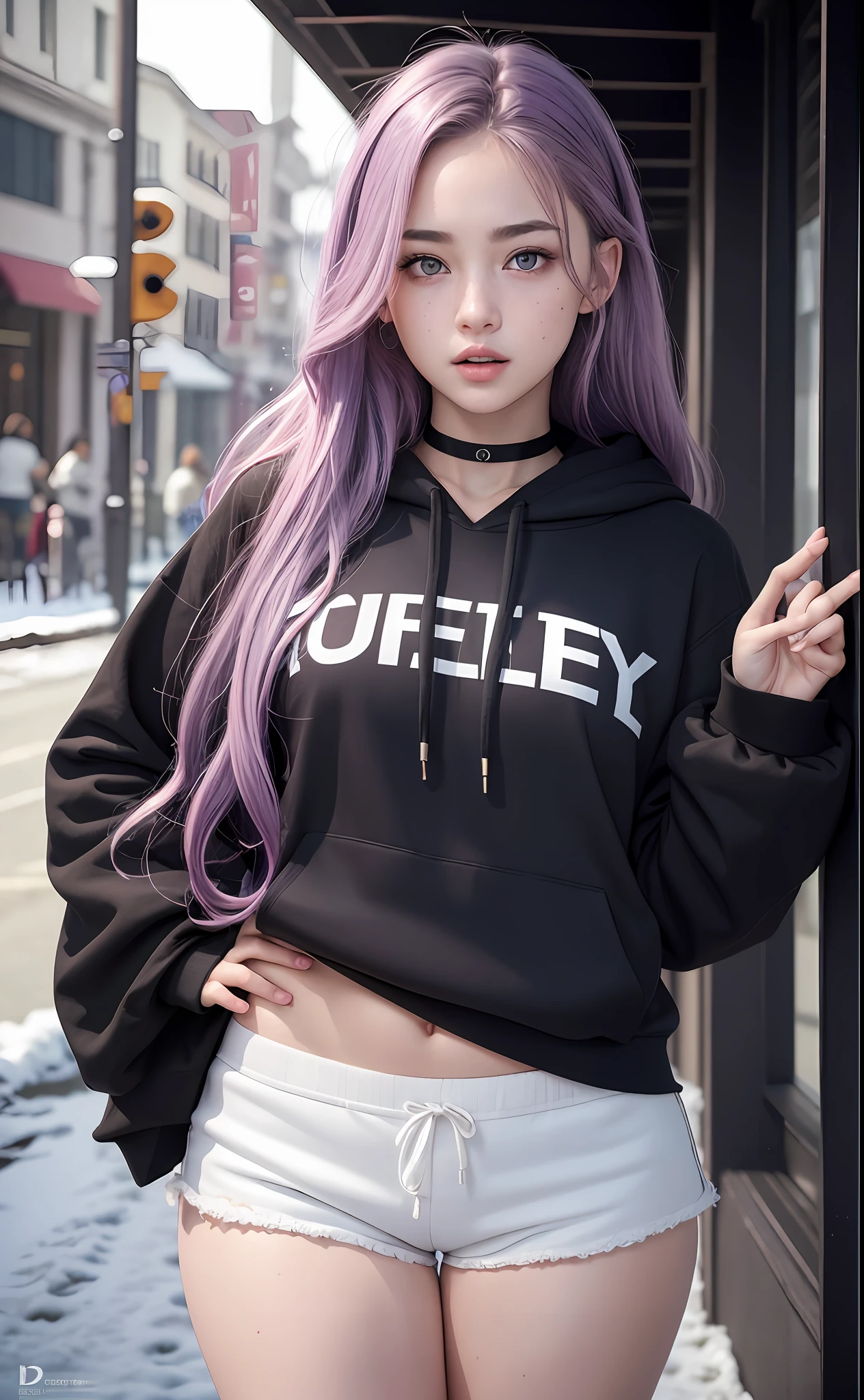 photorealistic, highres, best quality, masterpiece, upscaled, 8k, 1girl, purple wavy hair, snow skin chinese, heterochromia eyes, mole below one eye, thick eyebrows, freckles, open mouth, black choker, long hoody, shorts, visible navel, small waist, thick thighs, thigh gap