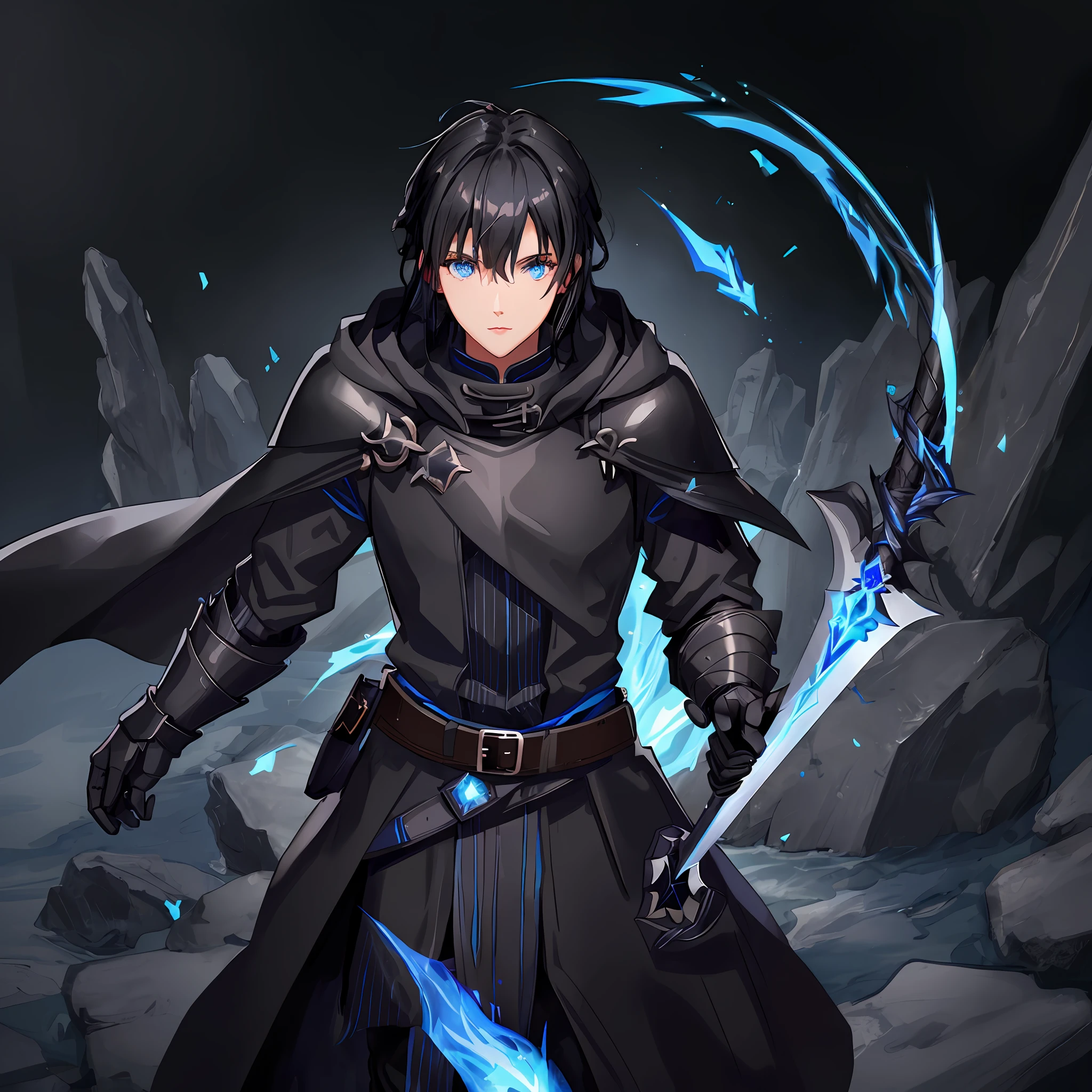 female, black armor, coat, fantasy, western sword, blue eyes, black hair, mage knight, hooded, solo, adult