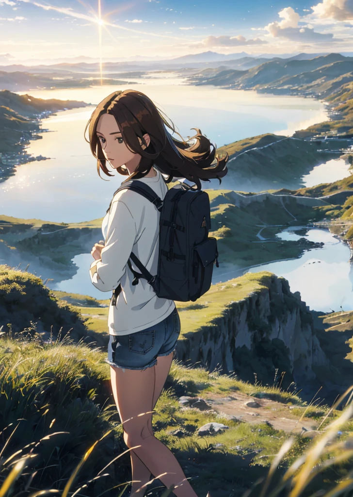 (beautiful and magnificent skyline, majestic sky), (extremely tense and dramatic pictures, moving visual effects), (high hanging Polaris, colorful natural light), (1girl), (long-sleeved top, denim shorts, carrying a backpack), (dynamic pose:1.3, black eyes, black hime-cut hair, sparkling girl)[:0.8], (large grassland), (oncoming breeze), (brown hair and background Coordination effect: 1.2), (close shot, long shot mix and match)[::0.9]