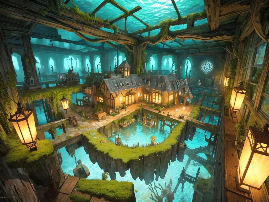 Located under the sea, the patchwork cottage is decorated with moss and coral, the light is soft and warm, the dreamlike architecture and Miyazaki style in the underwater city, inspired by fantasy artists Andreas Rocha and Ross tran. (Color Fantasy 1.2) The light axis shines through this fantastic underwater city, highlighting high quality, exquisite details and realistic lighting, this is a masterpiece!