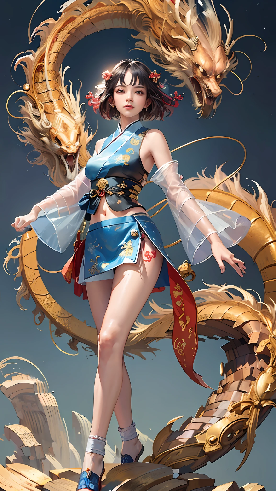 Official Art, Unified 8K Wallpapers, Ultra Detailed, Beautiful and Aesthetic, Masterpiece, Best Quality, (Zentangle, Tangle, Entangle), (fractal art: 1.4), 1girl, black hair, Chinese, bare shoulders, short skirt, calf, navel, very detailed, dynamic angle, cowboyshot, (most beautiful form chaos), flowing, (bright colors), oc, (half: 1.2), china, (thangka flying sky: 1.5), (ribbon: 1.3), (dream: 1.5), (hanfu: 1.5), Chinese dragon, Chinese phoenix, (smile: 0.5), (Chinese deity),