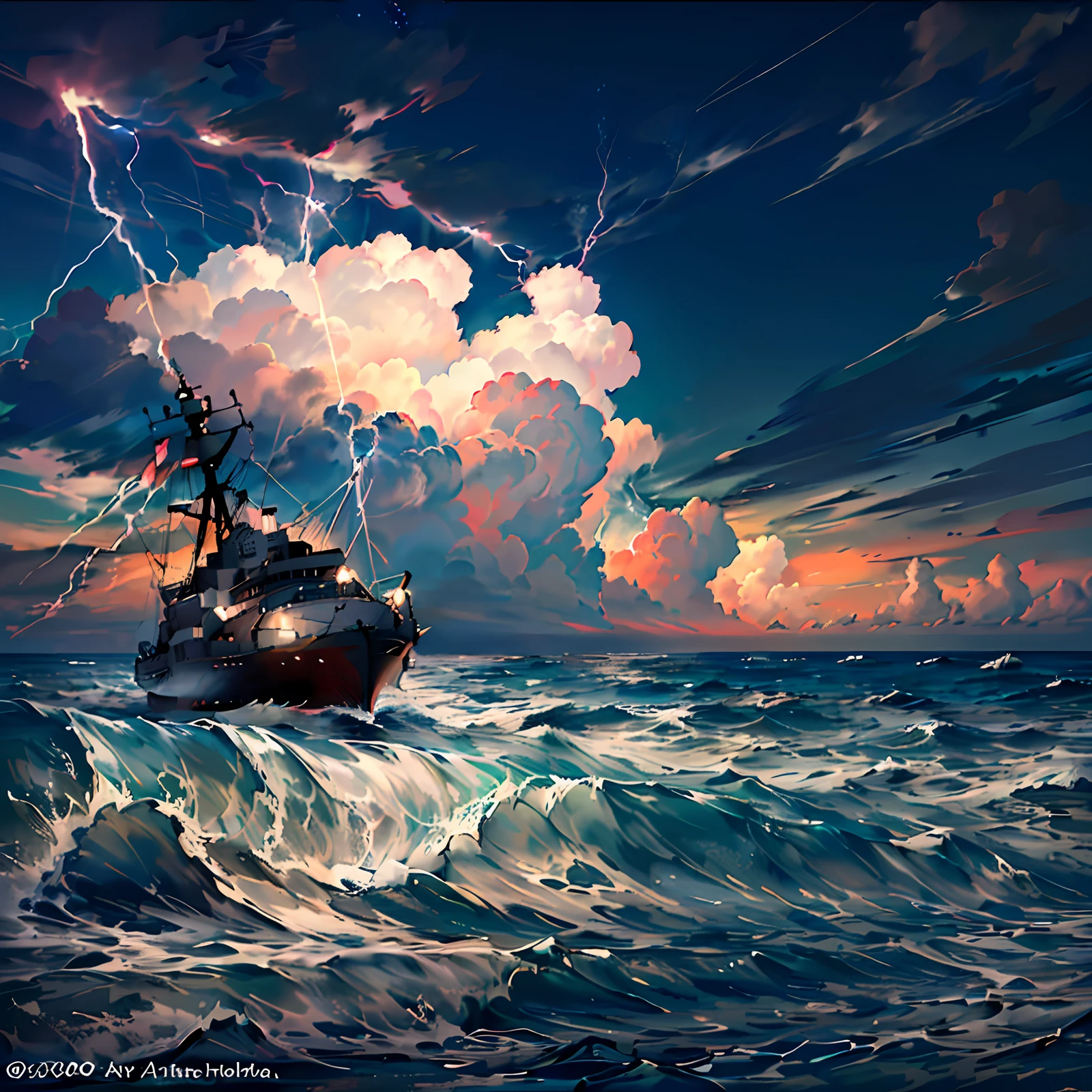 20/2000
A ship riding the wind and waves in the sea, stormy sea, strong visual impact, grand perspective, dark clouds, thunderbolt lightning, (masterpiece, top quality, best, official art, beauty and aesthetics: 1.2),