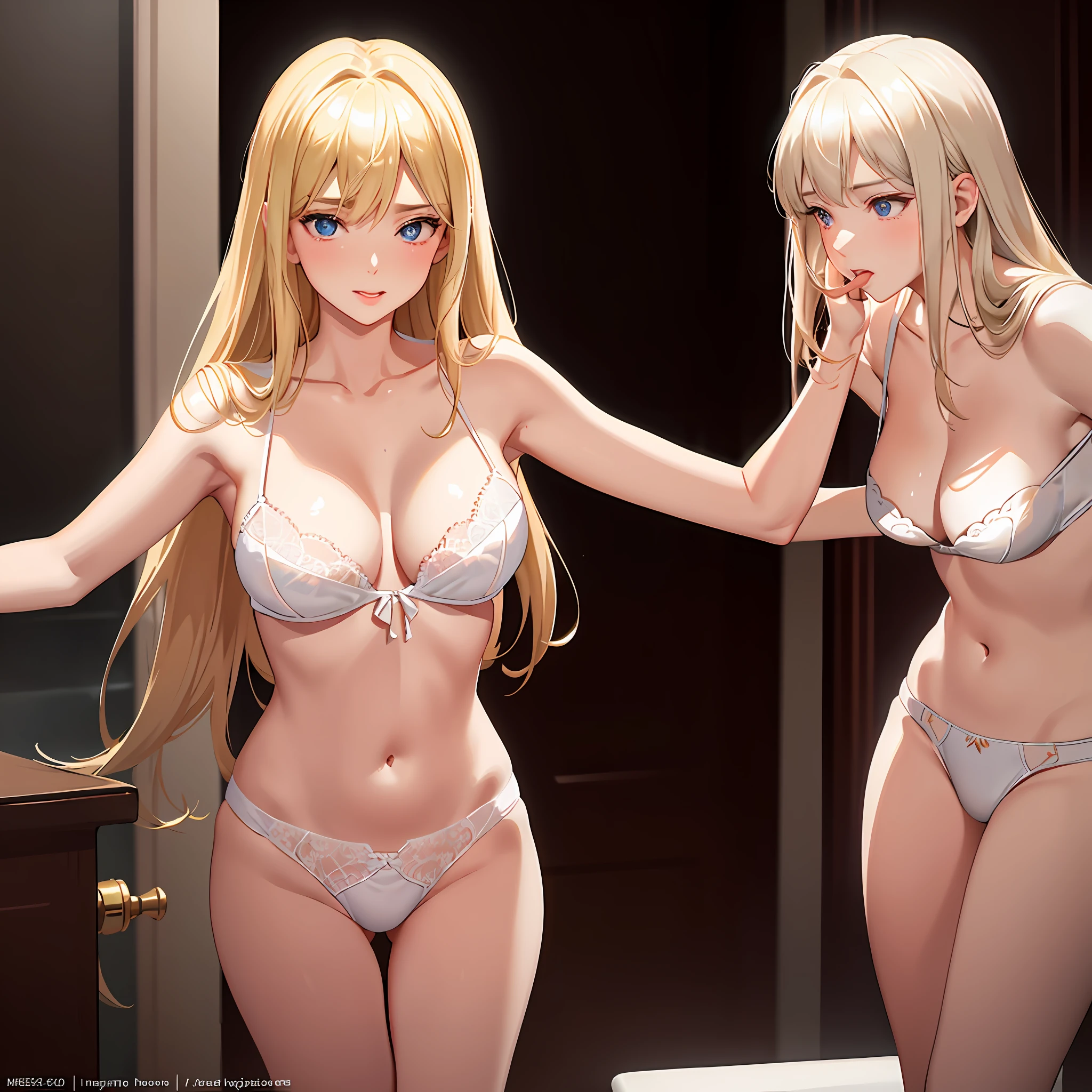 (Master in Masterpiece), embracing with love, kissing on the feminine mouth with love and affection, exciting eyes, delicate white lingerie, a blonde and a brunette, hyper-realistic hyper-realistic look with dramatic focus on lighting, a detailed and engaging bathroom. (Yuri, ECCHI, Anime)