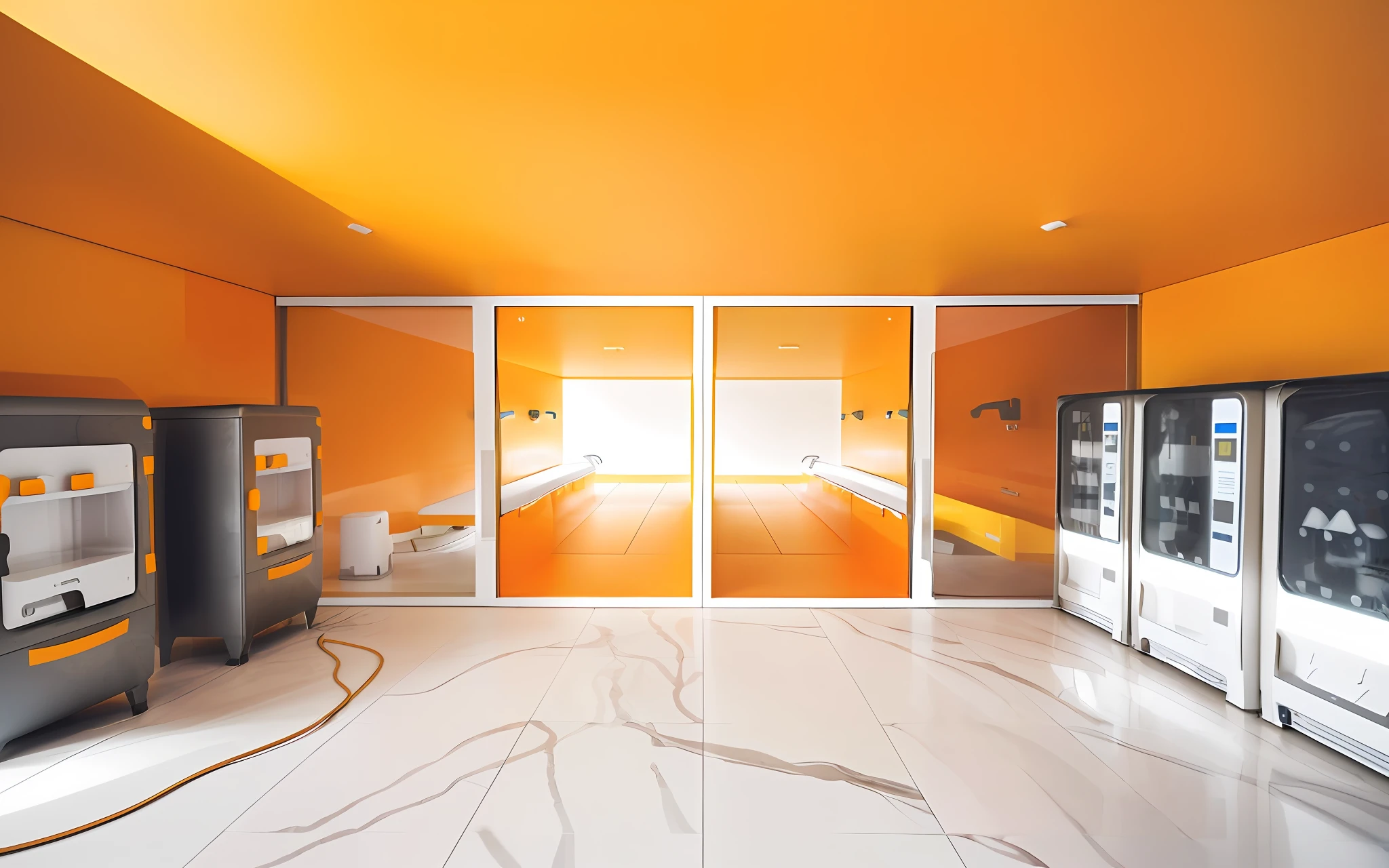 The main body is a self-service dog washing shop, with a total of 50 square meters; It is divided into two rooms: a fully automatic bathing room and a blow-drying room. The outside bathing room is 20 square meters, with one automatic dog bath machine on the left and two self-service vending machines on the right; The blow-drying room inside is 30 square meters with a half-meter-high trimming table and 5 wall-mounted hair dryers. Orange and white color matching, white wall, the decoration style is minimalist and simple, clean and bright, human perspective, no fog.