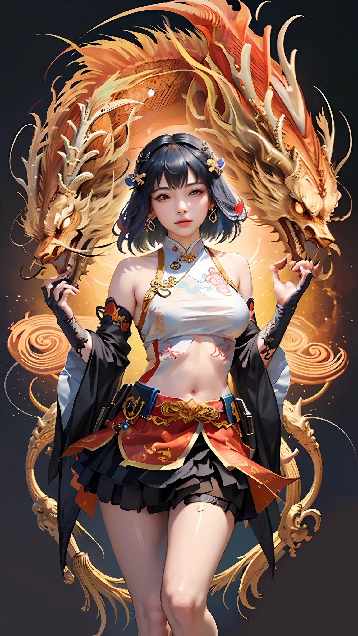 Official Art, Unified 8K Wallpapers, Ultra Detailed, Beautiful and Aesthetic, Masterpiece, Best Quality, (Zentangle, Tangle, Entangle), (fractal art: 1.4), 1girl, black hair, Chinese, bare shoulders, short skirt, calf, navel, very detailed, dynamic angle, cowboyshot, (most beautiful form chaos), flowing, (bright colors), oc, (half: 1.2), china, (thangka flying sky: 1.5), (ribbon: 1.3), (dream: 1.5), (hanfu: 1.5), Chinese dragon, Chinese phoenix, (smile: 0.5), (Chinese deity),