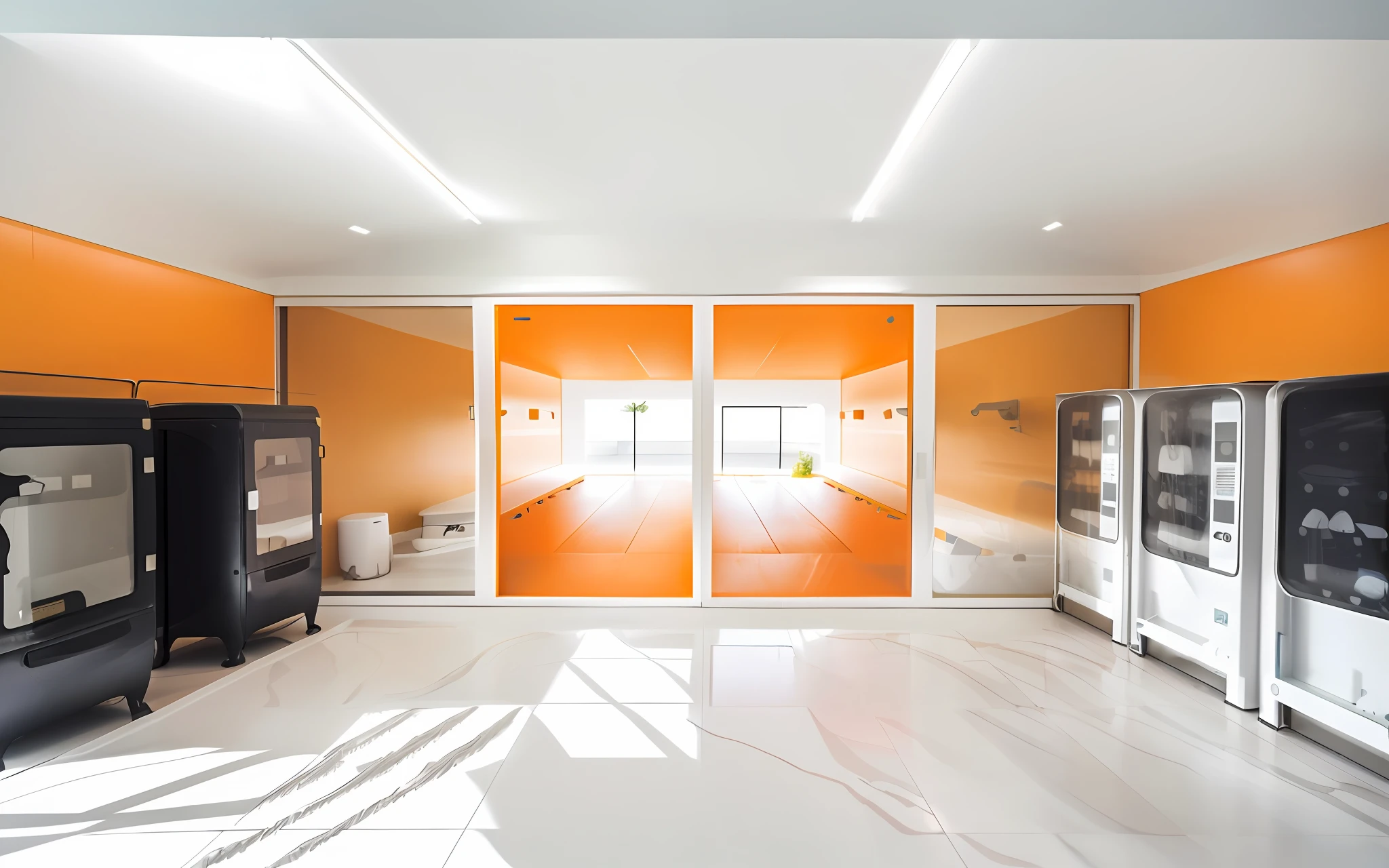 The main body is a self-service dog washing shop, with a total of 50 square meters; It is divided into two rooms: a fully automatic bathing room and a blow-drying room. The outside bathing room is 20 square meters, with one automatic dog bath machine on the left and two self-service vending machines on the right; The blow-drying room inside is 30 square meters with a half-meter-high trimming table and 5 wall-mounted hair dryers. Orange and white color matching, white wall, the decoration style is minimalist and simple, clean and bright, human perspective, no fog.