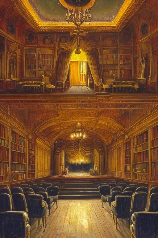 Description of the theatrical scene My hometown Theatrical perspective Mowaja (interior night): large windows, inside the house, reception room, fireplace, old books, old suitcase, some statues, paintings and everything that brings peace and tranquility, high quality, hyper reality, smoke, gray and yellow colors