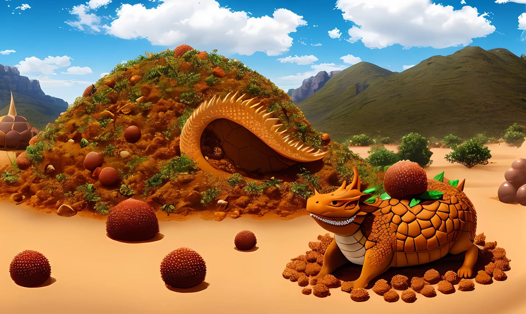 Anthill in a dessert with breathing dragon realistic