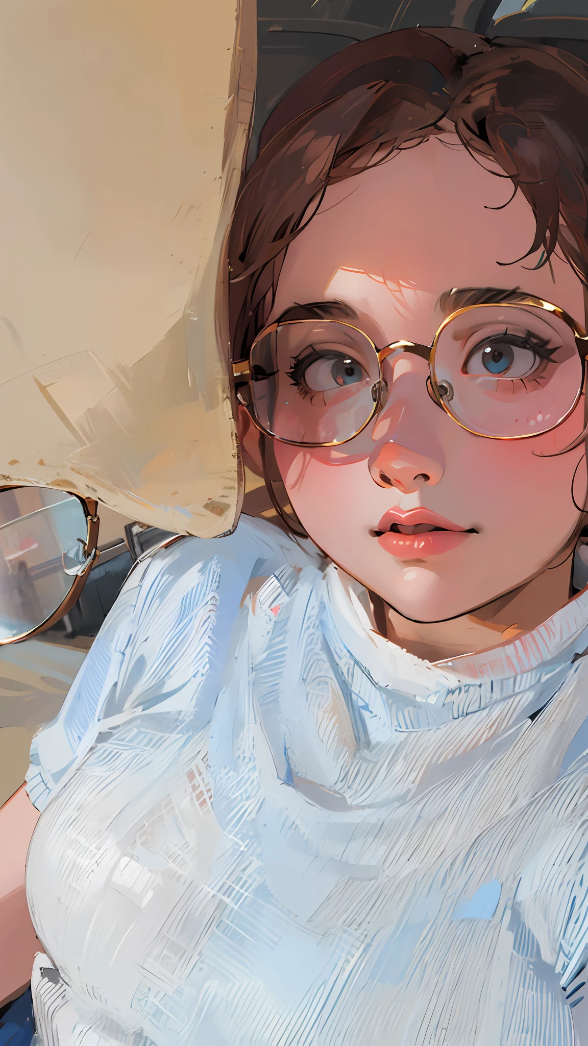 there is a woman wearing sunglasses and a blue shirt, with sunglass, with square glasses, 2 8 years old, with accurate face, low quality photo, 2 7 years old, wearing thin large round glasses, !!wearing modern glasses!!, with round face, 2 9 years old, 33mm photo, in sun glasses, wearing square glasses
