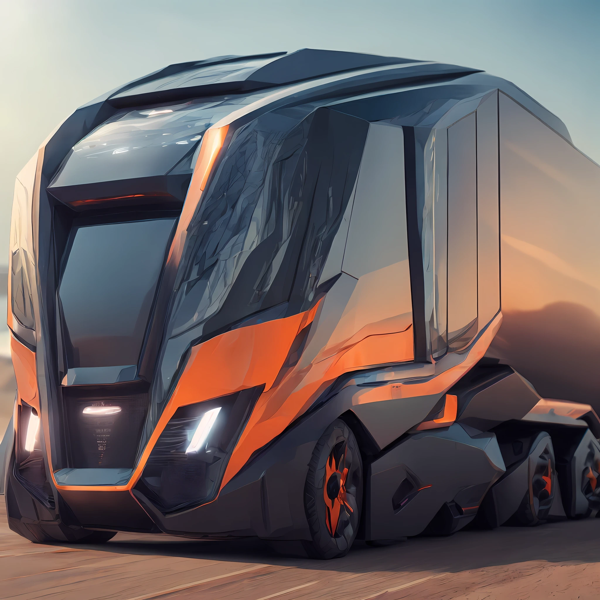 Futuristic driverless truck, autonomous driving technology, maglev van, maglev technology, interstellar Genesis and Genesis style, photo realism, hyper-detail, natural light, light background, photo, dynamic composition, sharpening, detail + intricate simplified form of detail + professional lighting, cinematic lighting + 35mm + anamorphic + lightroom + photography + bokeh + lens flare + film grain