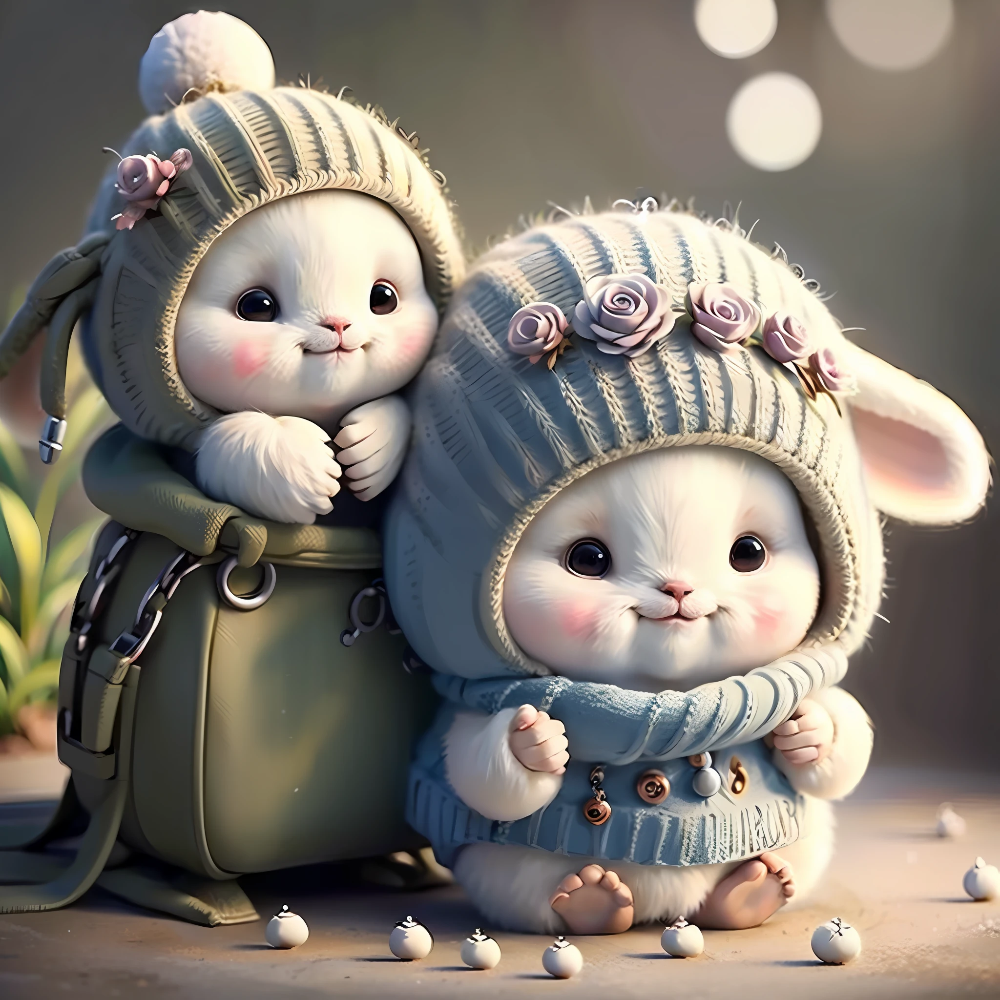 holding camera, tree_stump, flowers, adorable , fluffy, photorealistic, soft lighting,