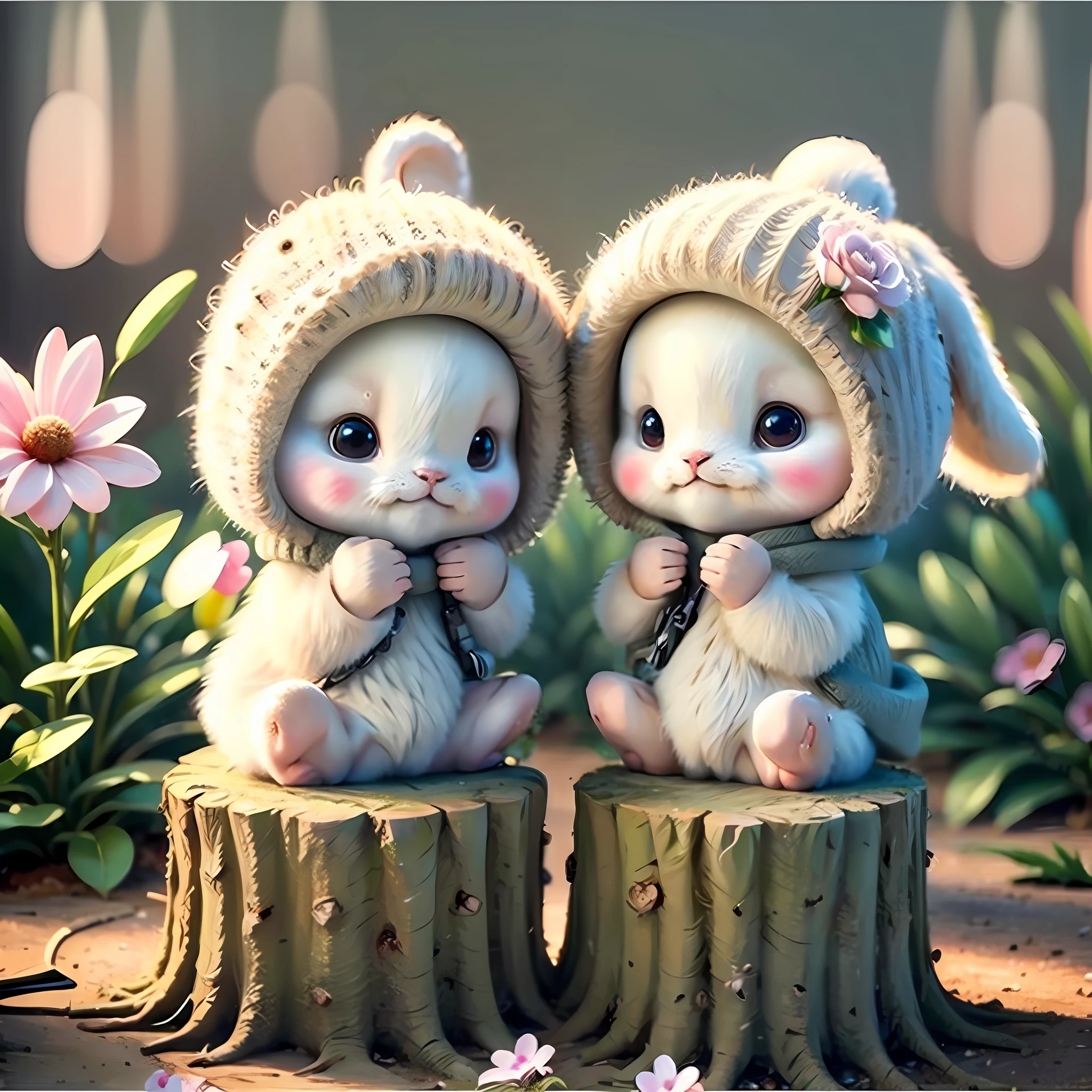 holding camera, tree_stump, flowers, adorable , fluffy, photorealistic, soft lighting,