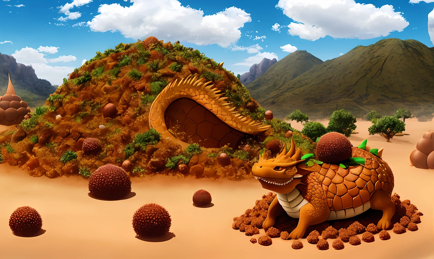 Anthill in a dessert with breathing dragon realistic