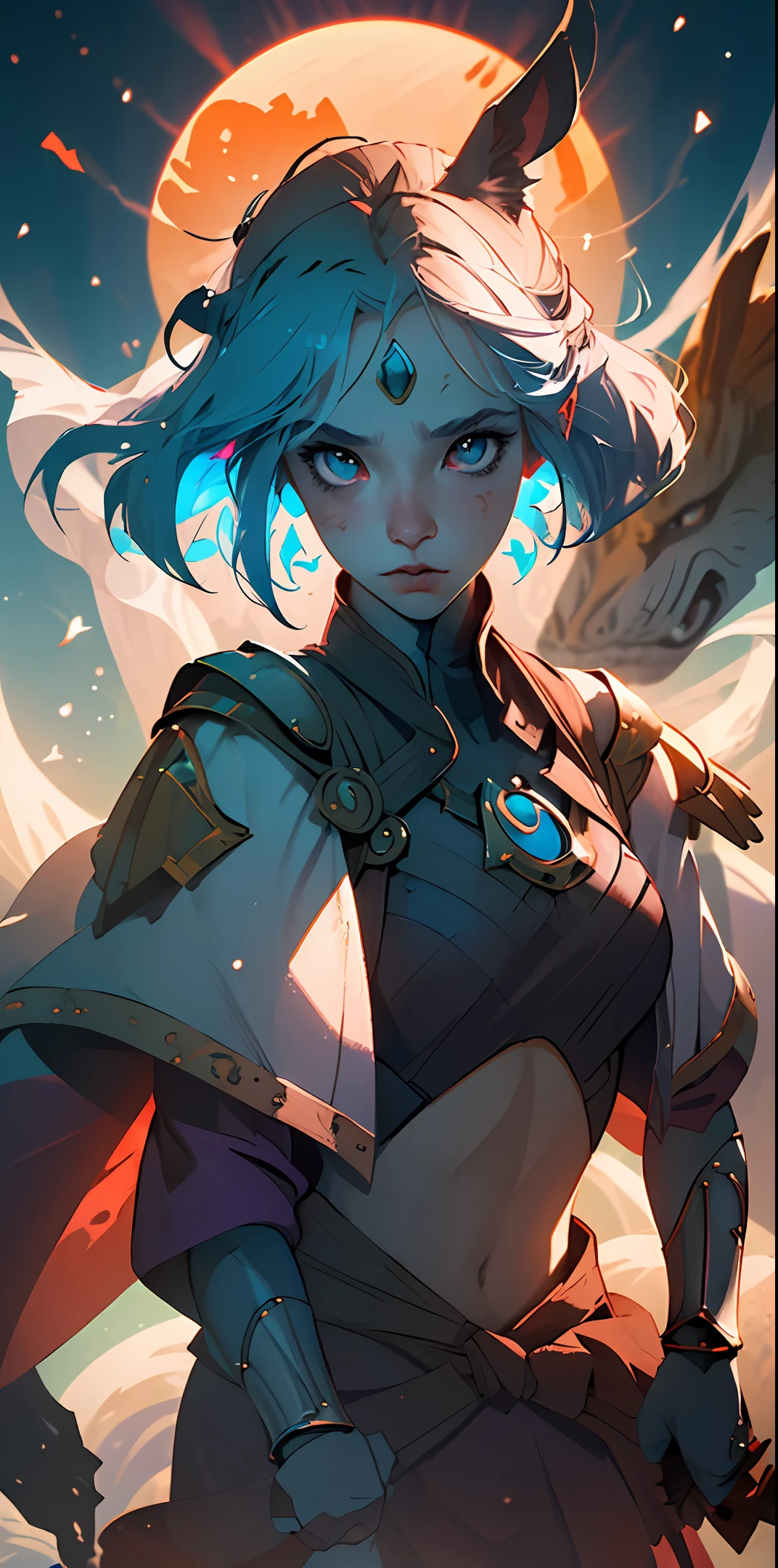 (Best Quality, Masterpiece), 1girl, Warrior, Particle, Wind, Looking at the Viewer, Fox Ears, Monster in the Background, Backlight, Upper Body, Pose, [God], Animal Anthropomorphism, Round Light Behind