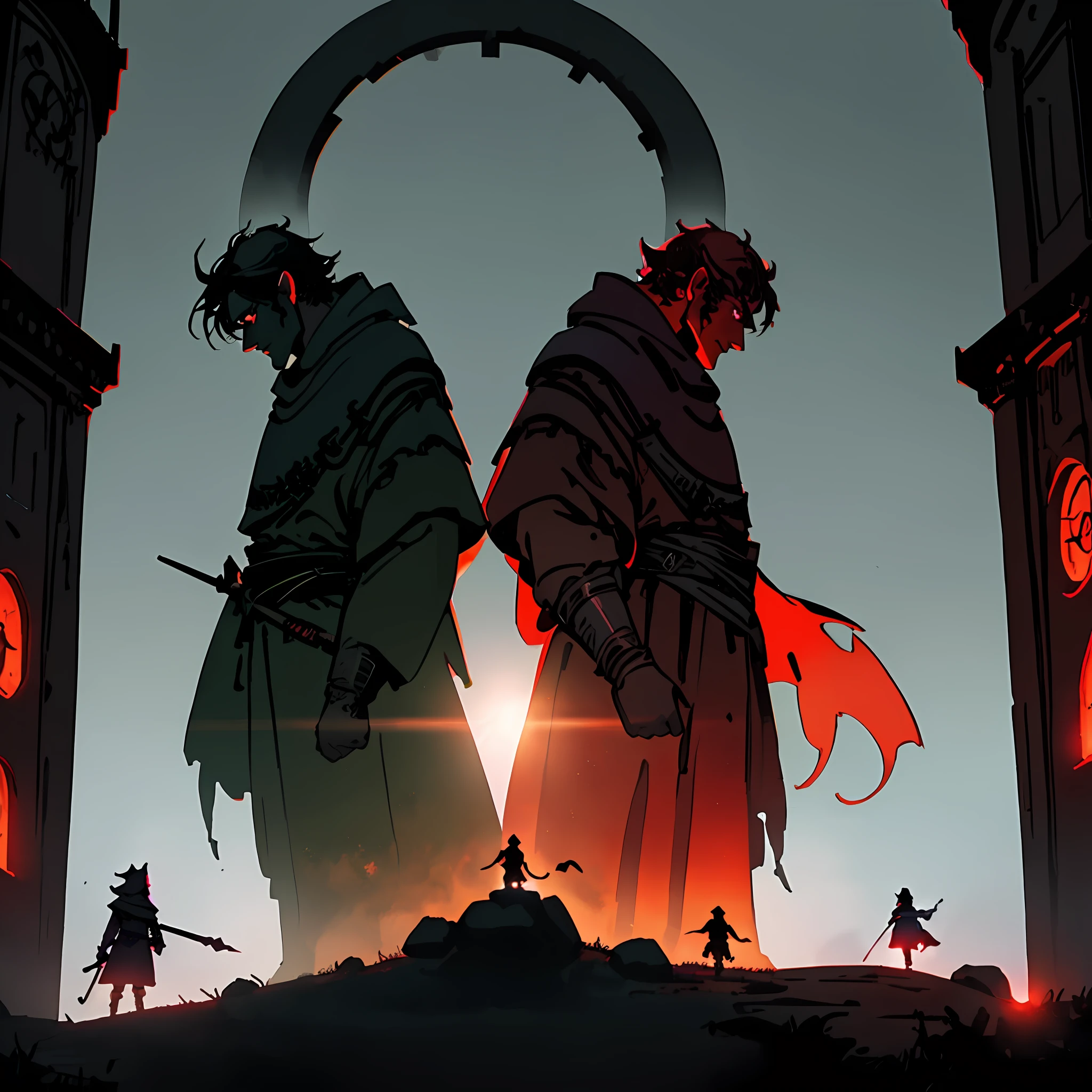 mage killer group at the dark fantasy world, two dark siluette figures, red contour light, mostly shadow and darkness