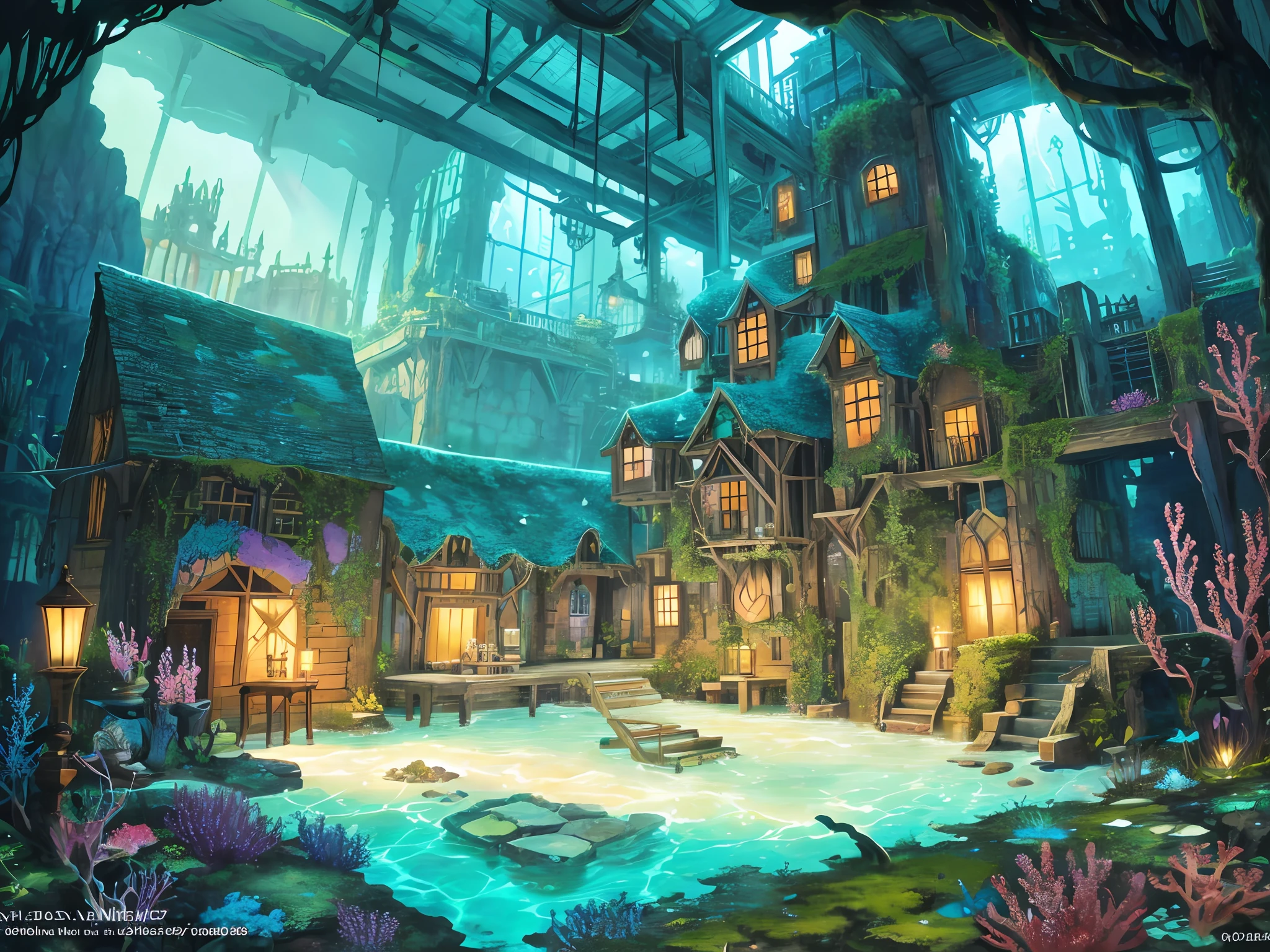 Located under the sea, the patchwork cottage is decorated with moss and coral, the light is soft and warm, the dreamlike architecture and Miyazaki style in the underwater city, inspired by fantasy artists Andreas Rocha and Ross tran. (Color Fantasy 1.2) The light axis shines through this fantastic underwater city, highlighting high quality, exquisite details and realistic lighting, this is a masterpiece!