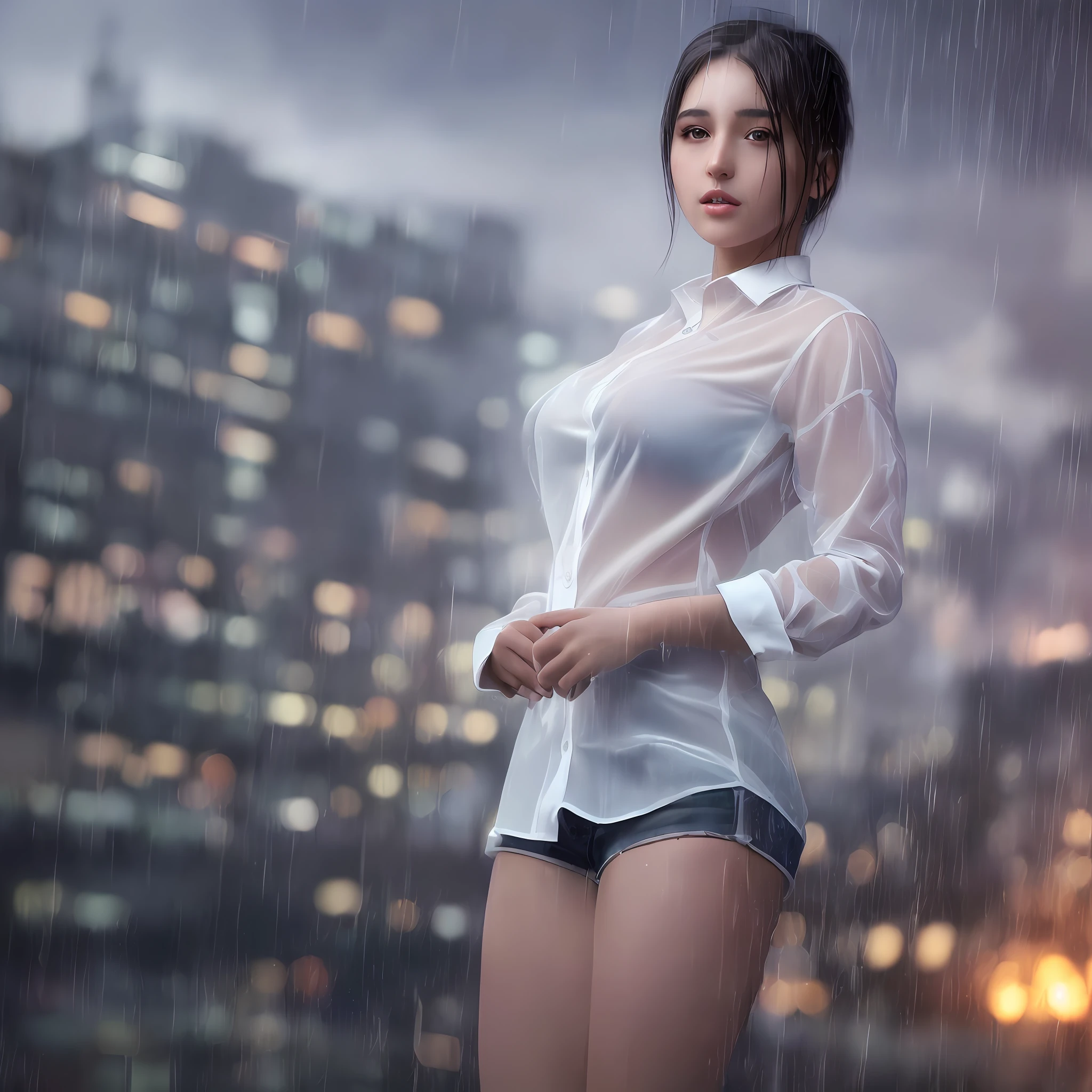 masterpiece, mix4,(8k, RAW photo, best quality, master:1.2), (realistic, photo-realistic:1.37),1girl, cityscape, sunset, rain, wet, professional lighting, photon mapping, radiosity, physically-based rendering , using glass, tanned skin, white shirt, depth of field camera, lebanese girl, half body photo