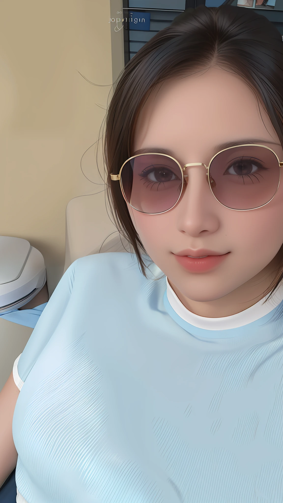 there is a woman wearing sunglasses and a blue shirt, with sunglass, with square glasses, 2 8 years old, with accurate face, low quality photo, wearing thin large round glasses, 2 7 years old, !!wearing modern glasses!!, 2 9 years old, 33mm photo, with round face, in sun glasses, wearing square glasses