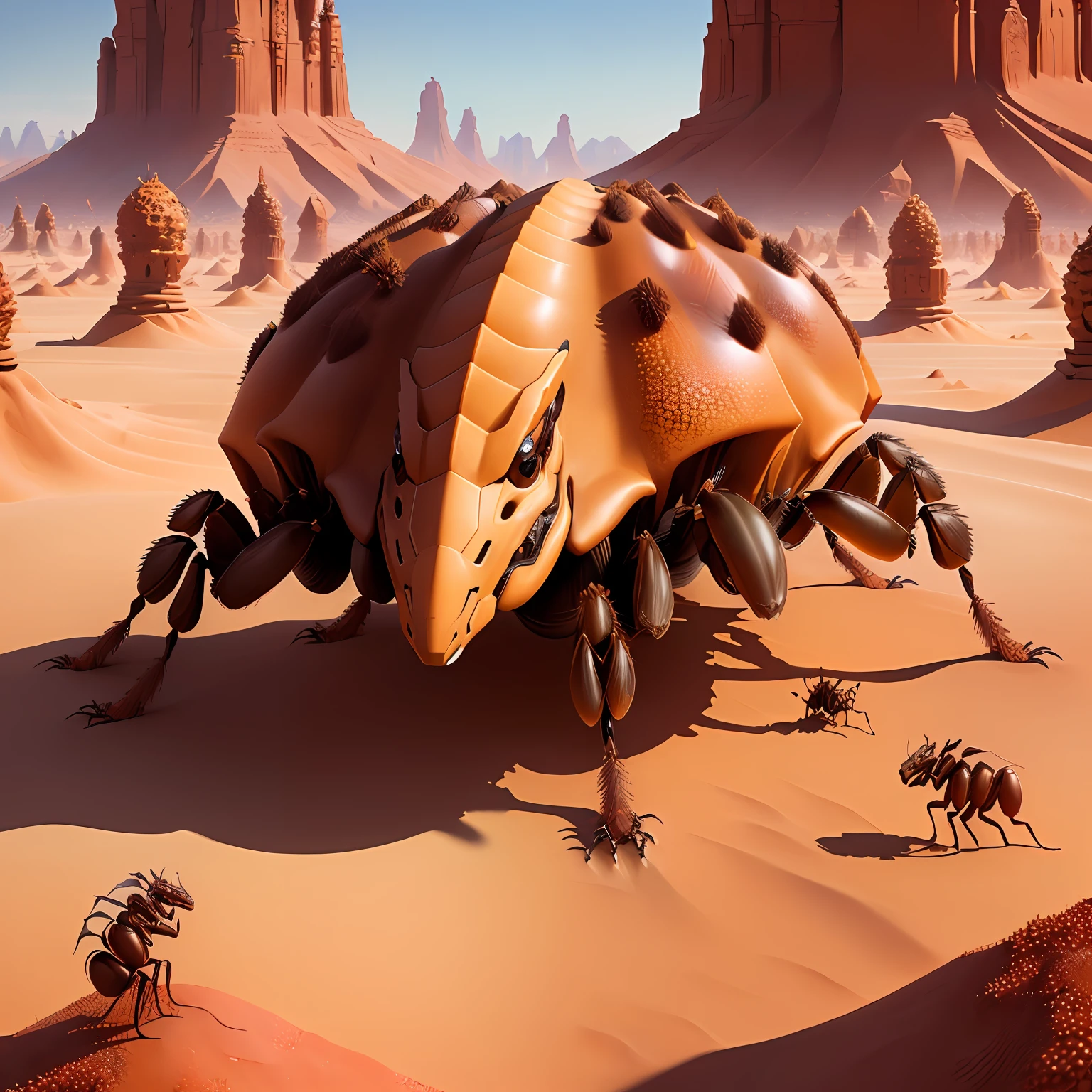 Anthill in a desert with dragon breathing ants realistic