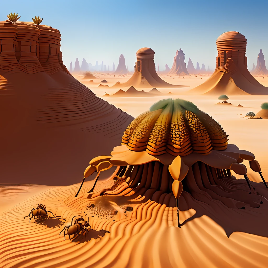 Anthill in a desert with dragon breathing ants realistic