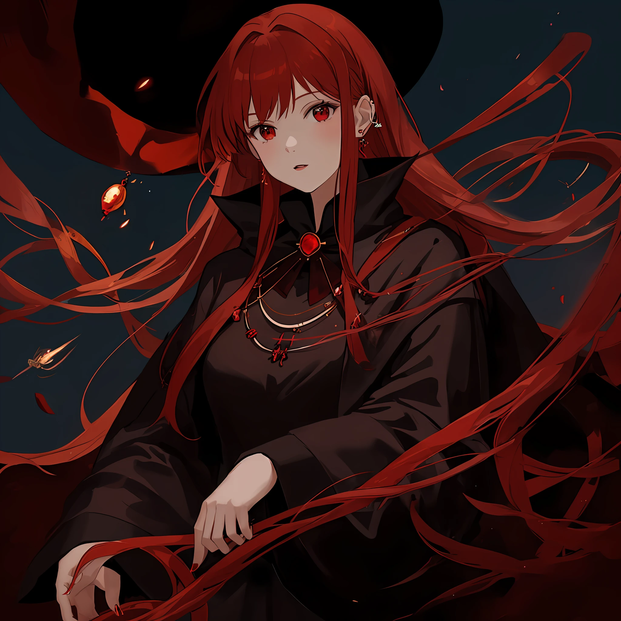 female, adult, red hair, long hair, witch, beautiful witch, solo, elegant, jewelry, earring
