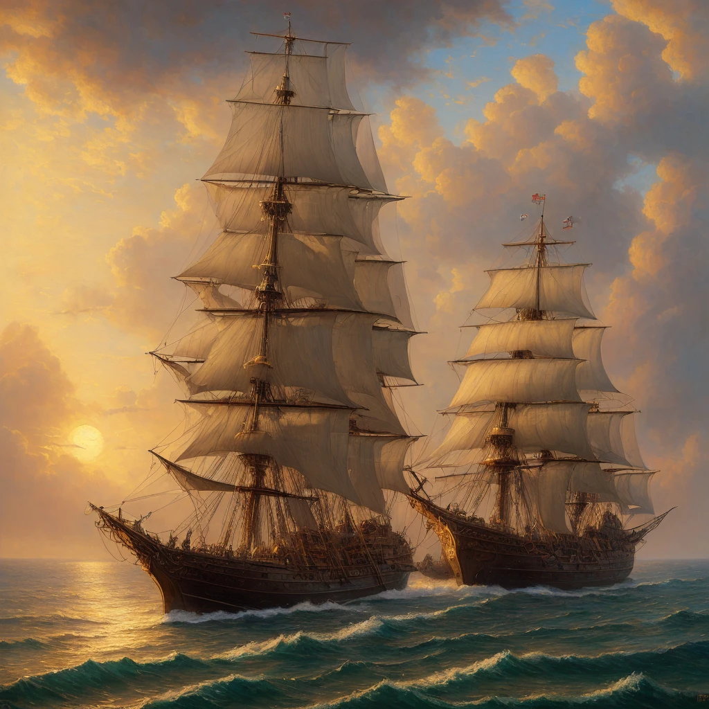 (highly detailed:1.2),(best quality:1.2),(8k:1.0),(emb-rrf-low:1.0),sharp focus,(award-winning photograph:1.2), (subsurface scattering:1.1), painting of a ship in the ocean with a sunset in the background, detailed cover artwork, amazing wallpaper, pirate ship, old pirate ship, gothic ship on ocean, 4k highly detailed digital art, burning ships, inspired by gaston bussiere, by Roman Bezpalkiv, detailed painting 4 k, by Arthur Pan, by Aleksander Gine
