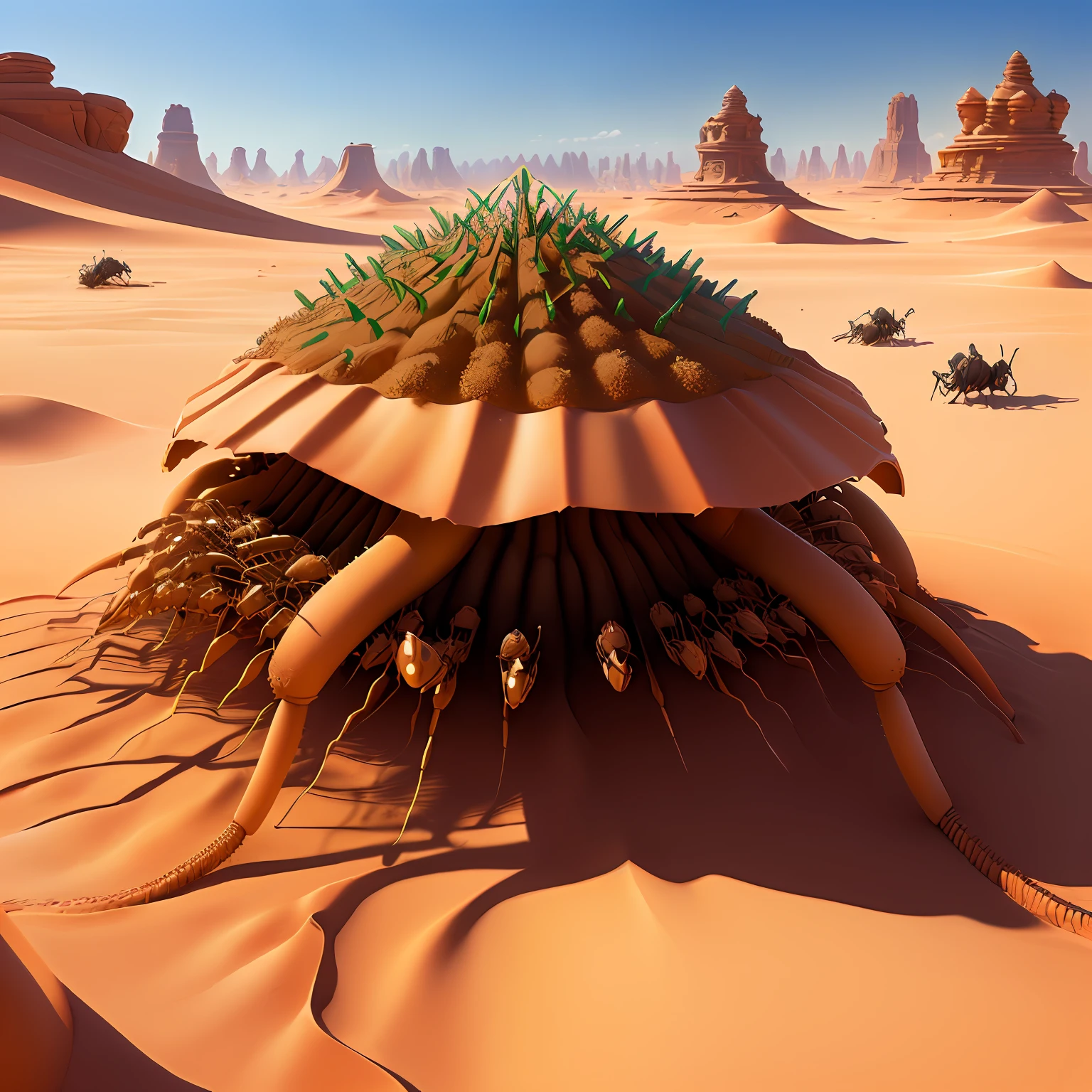Anthill in a desert with dragon breathing ants realistic