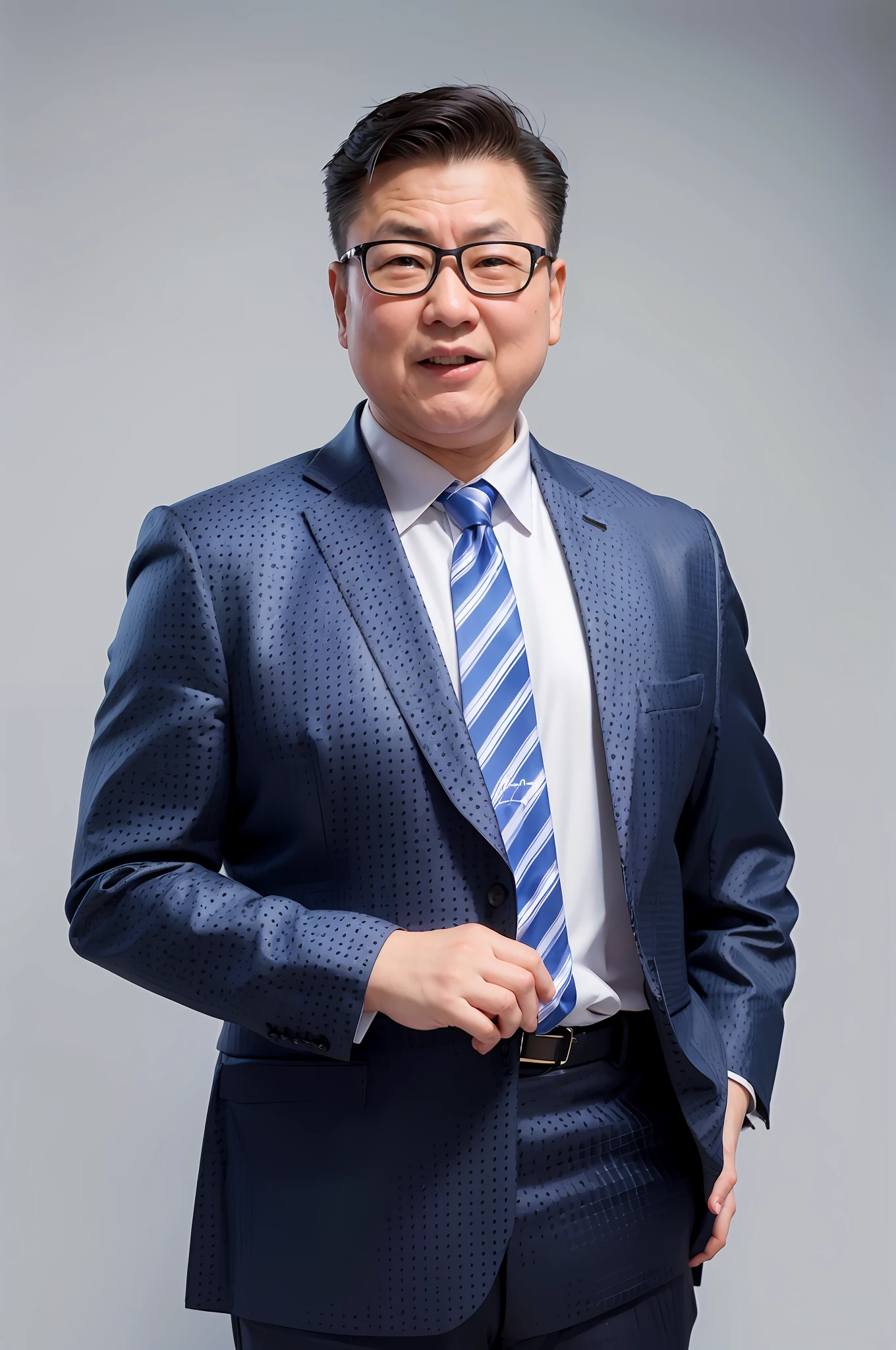 60-year-old Chinese successful entrepreneur, kind face, especially fat rubber, old playboy, tie pose for photo, photo shutter, open mouth laugh, blue suit, HD photography, tie lens tracking, 8K ultra-high-definition rendering, characters stepping on the light, blue suit, white shirt, perfect pose, carrying a leather bag, clear picture.