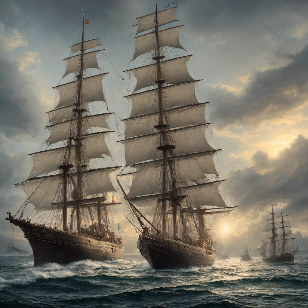 (highly detailed:1.2),(best quality:1.2),(8k:1.0),(emb-rrf-low:1.0),sharp focus,(award-winning photograph:1.2), (subsurface scattering:1.1), Detailed sailing ship, realistic 3d illustration, traditional materials, steampunk style, epic landscape, time of day light, perfect reflections, dramatic scenes, low angle, trending on artstation, realistic materials, hyper detailed textures, cinematic lighting.