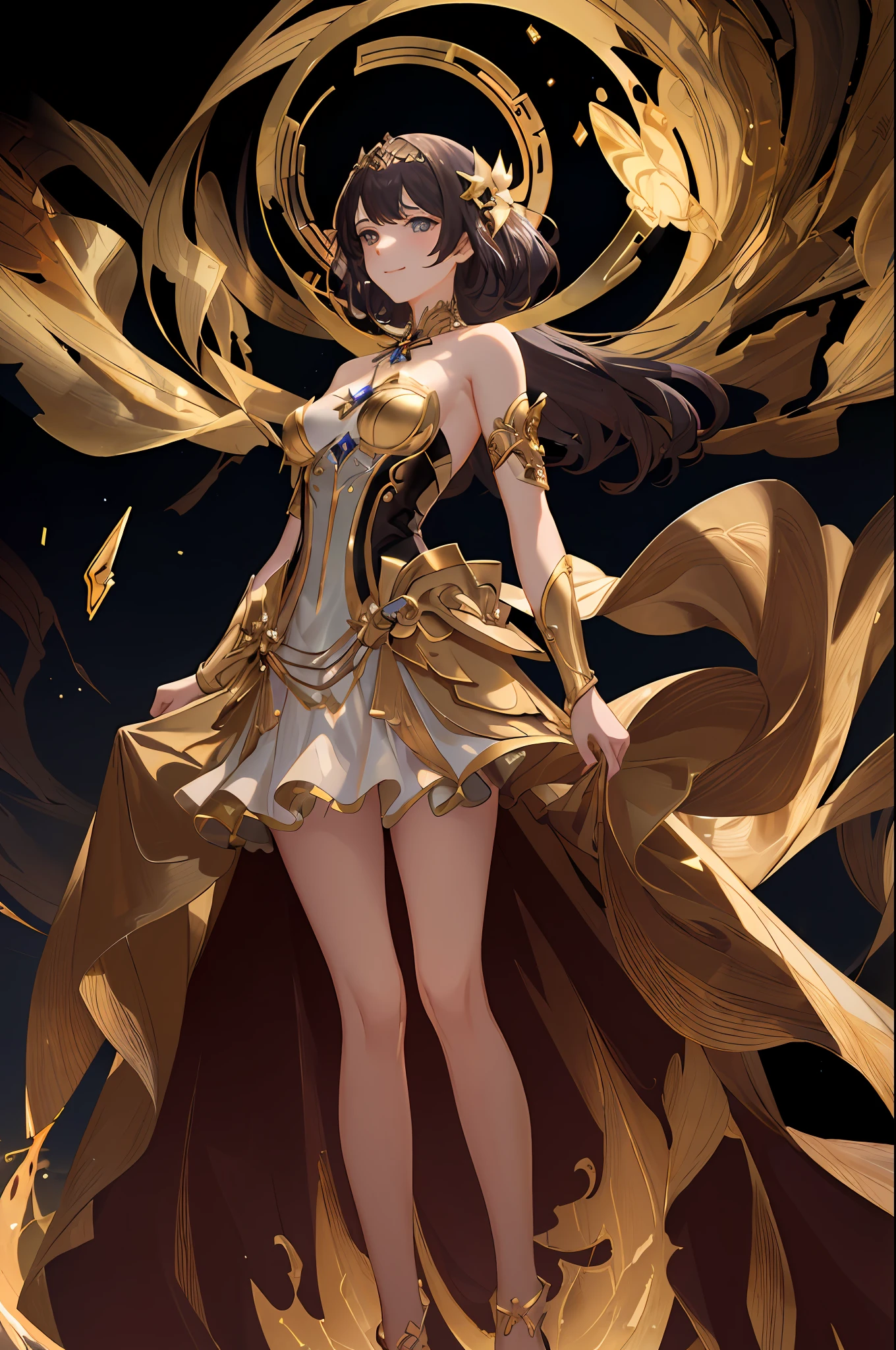 Masterpiece, Best Quality, (Highly Detailed CG Module 8K Wallpaper), (Best Quality), (Best Illustration), (Best Shadow), Absurdities, Realistic Lighting, (Abyss), Beautiful Detailed Glow, Art of Peter Mohrbacher, 1 Girl, Mature Woman, Goddess, Bare Shoulders, Gold [Dress: hanfu: 0.5], (From the bottom, viewing angle:  1.3), thighs, arms, big evil smile, gold effect, sky,, small wound in the groin