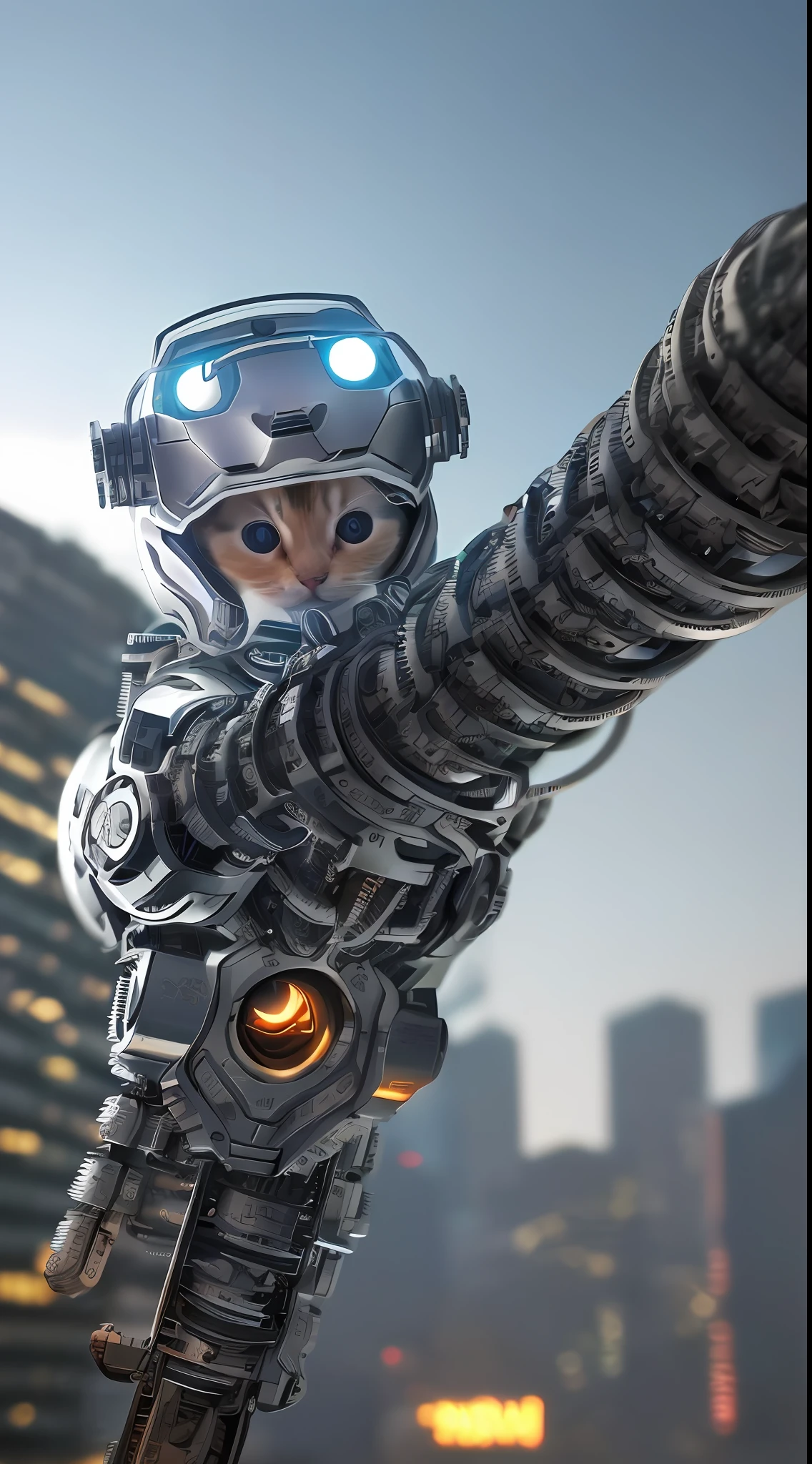 A cute kitten made of metal, (cyborg: 1.1), ([tail|detailed wire]: 1.3), (complex detail), hdr, (hyperdetailed: 1.2), cinematic lens, halo shadow, centered, scene is cyberpunk