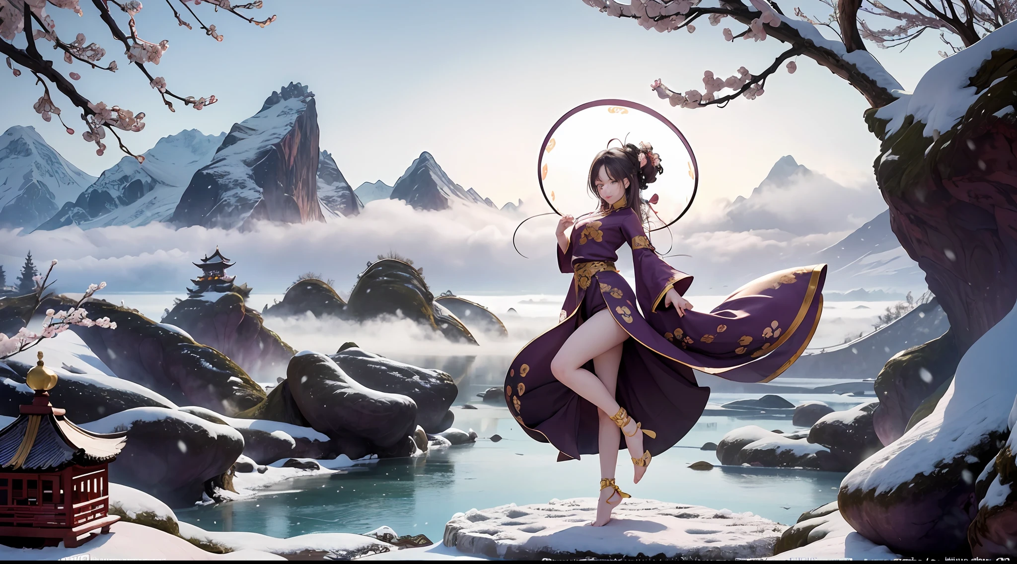 official art,unity 8k wallpaper,ultra detailed,beautiful and aesthetic,masterpiece,best quality,(zentangle, mandala, tangle, entangle),ancient china style,(1girl),(solo:1.4),(full body:1.6),medium breasts,(long floating hair),jewelry in hair,extremely detailed,streamer,(floating pibo:1.6),(dancing:1.4),(floating ribbon:1.6),wind,(style-swirlmagic),china landscape,fantastic,spectacular,(fog:1.4),((river:1.4)),(snow mountain),(snowing:1.4),(plum blossoms:1.4),1loong,1china dragon,1dragon flying in sky,