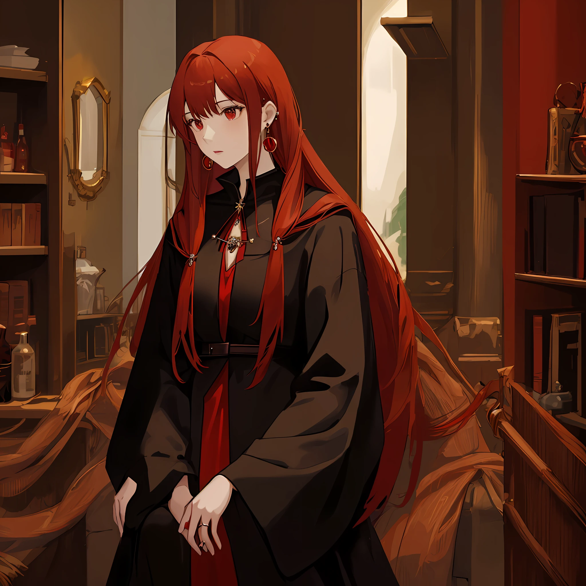 female, adult, red hair, long hair, witch, beautiful witch, solo, elegant, jewelry, earring