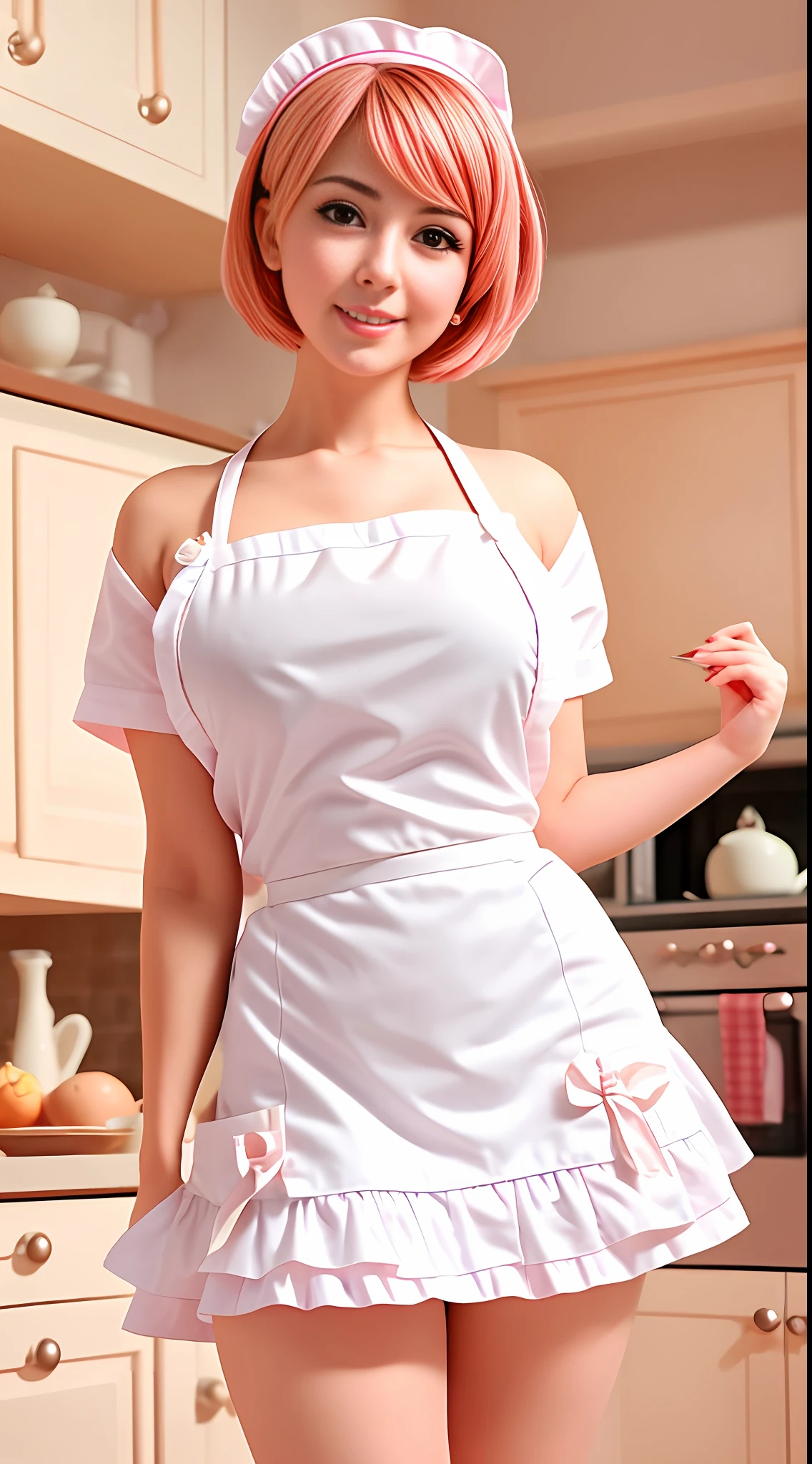 Close-up portrait of a playful maid, short cut hair, apron, amazing body, prominent female features, plump, kitchen, [gray-blond | ginger | pink hair], flirting with camera