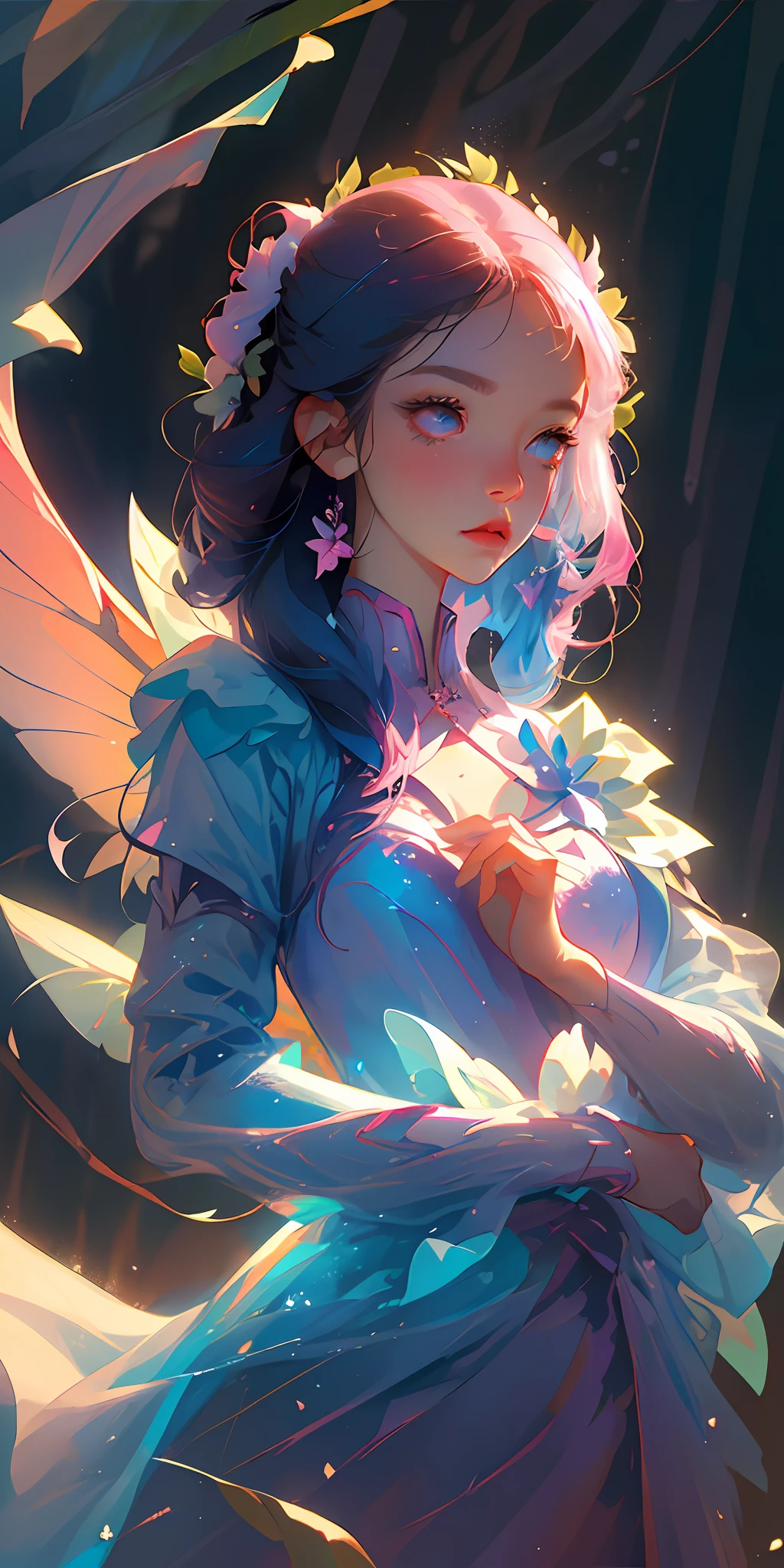 (Best Quality, Masterpiece), 1girl, Pose, Particle, Wind, Flower, Upper Body, Blue-Pink Color Scheme, Simple Background, Looking at the Viewer, Flower Fairy, Wings, Forest,