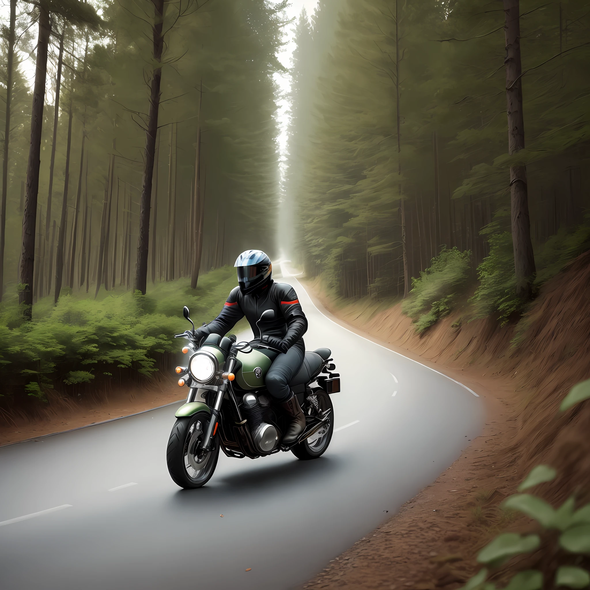 A motorcyclist riding his bike through a road between forest
