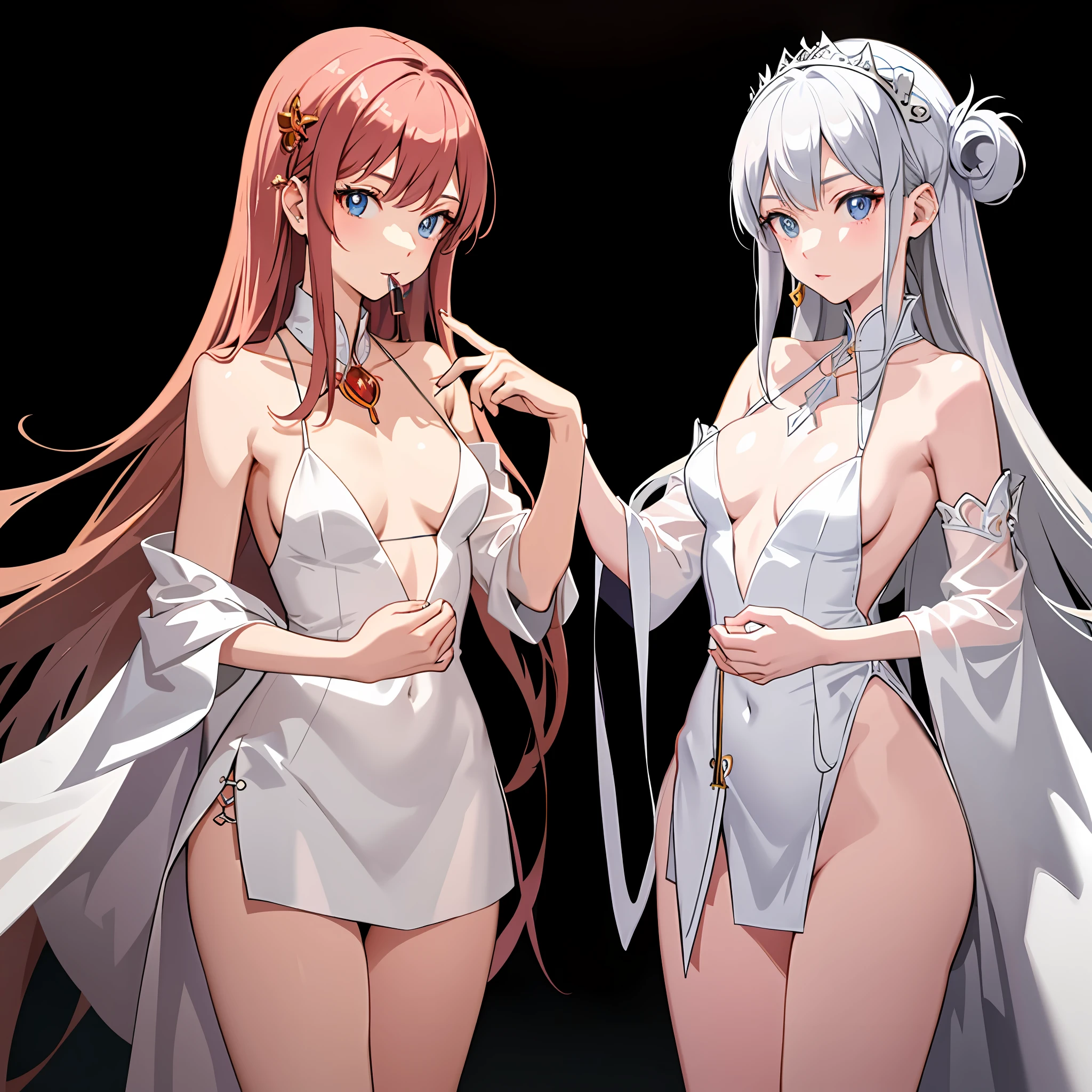 Anime - style image of two women in lingersuits touching each other, sucking each other's finger, detailed hands, soft anime CG Art, Ecchi anime style, Pixiv 3DCG, Seductive anime girl, Ecchi, 4k, award-winning photo, extremely detailed, amazing, fine details, absurdities, extremely detailed eyes and face, piercing eyes, small breasts,