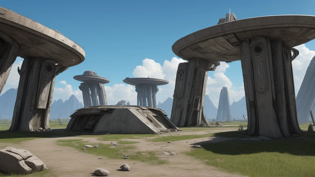 a ruined futuristic sacred alien hub
