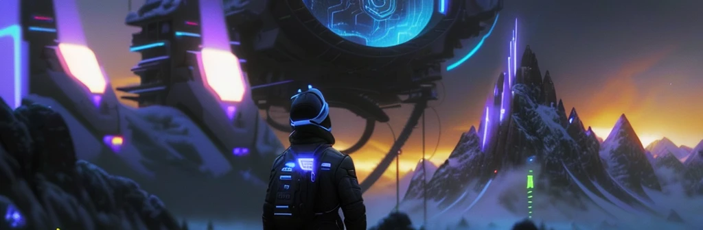 there is a man that is standing in front of a mountain, cinematic beeple, videogame still, cinematic neon matte painting, recusion beeple, beeple!!, hyperrealistic image of x, vfx shot, vfx render, 2020 video game screenshot, stunning vfx, cinematic keyframe, highly detailed vfx, vfx movie closeup