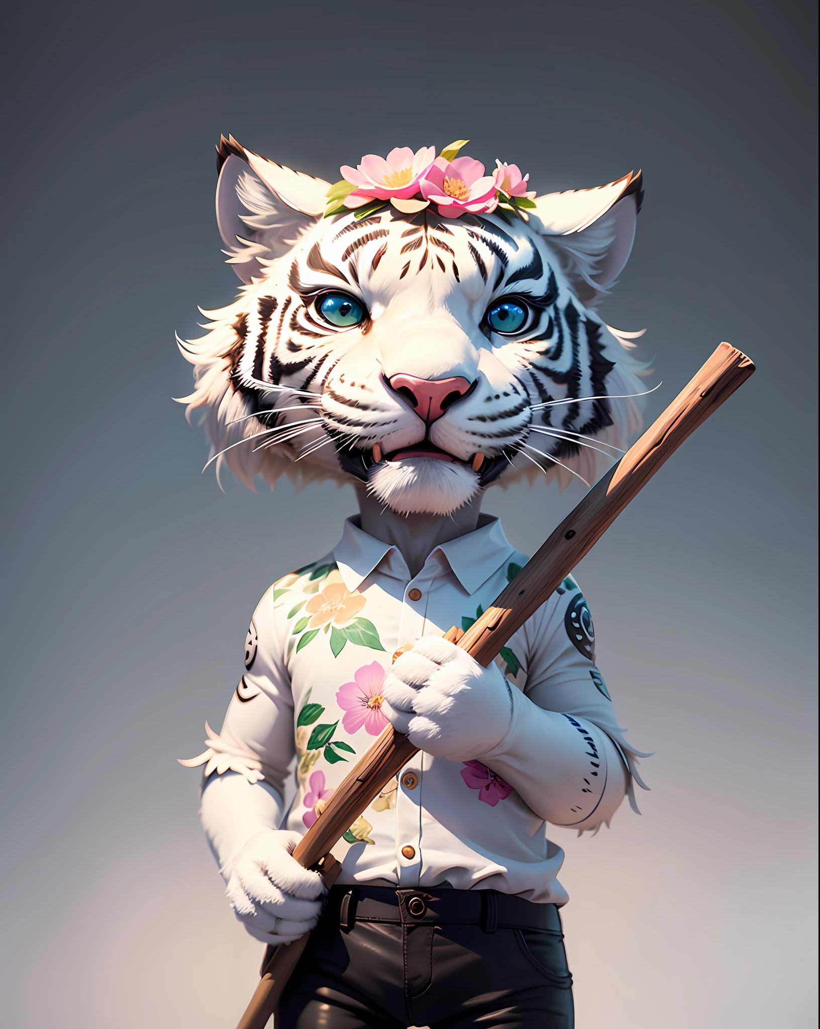 Masterpiece of cute creatures, very detailed, anthropomorphic, white tiger bastard, holding a stick, wearing a floral shirt, black pants, close-up, 8k, full body, Unreal Engine, fantasy creature, --v 6