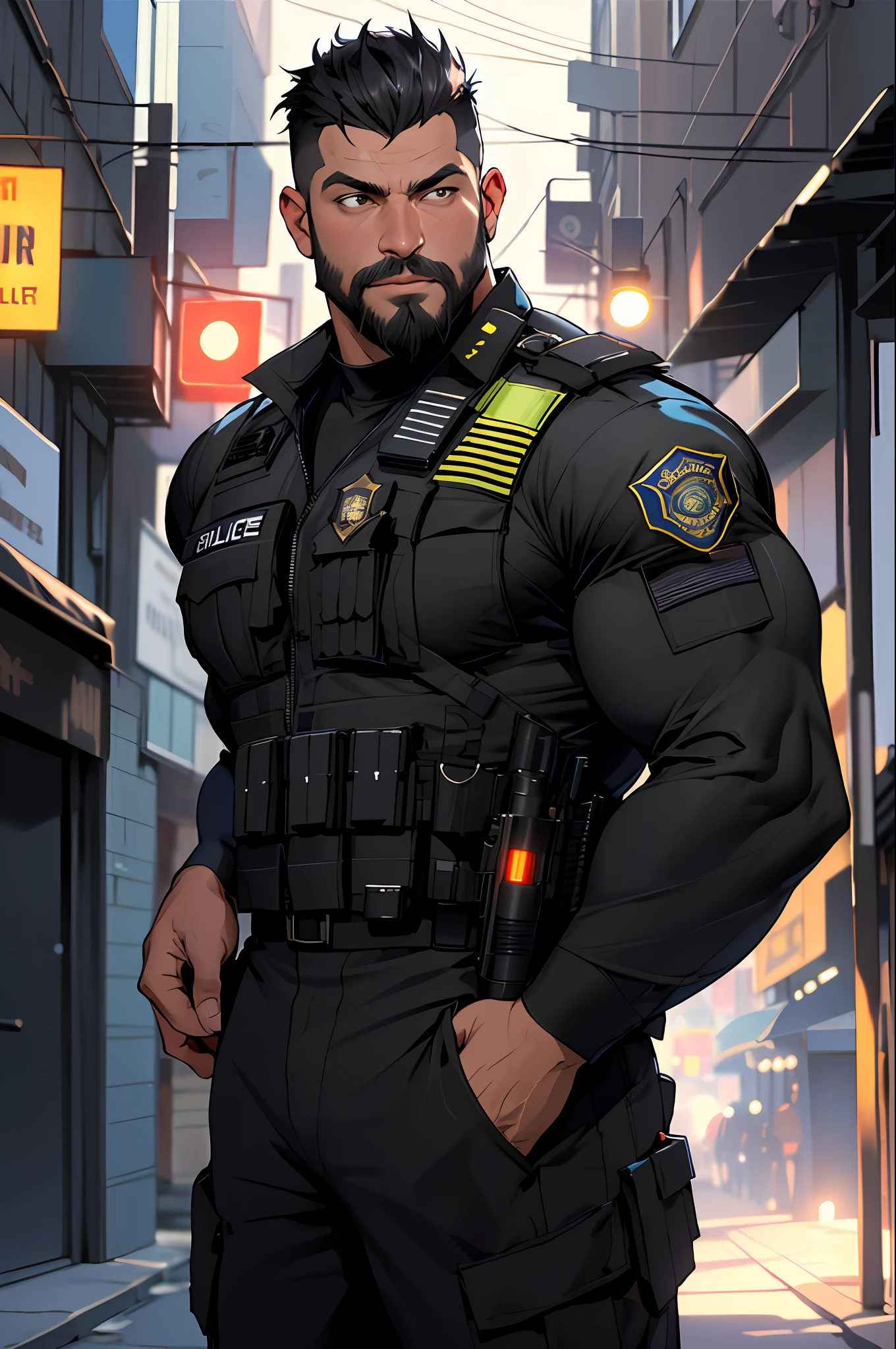 best quality, masterpiece, super high resolution, detailed background, realistic, illustration, single, 1 boy, muscle man, beard, SWAT, street, muscle, facial hair, volumetric lighting, depth of field, black clothes, ((black police uniform)), hypnosis