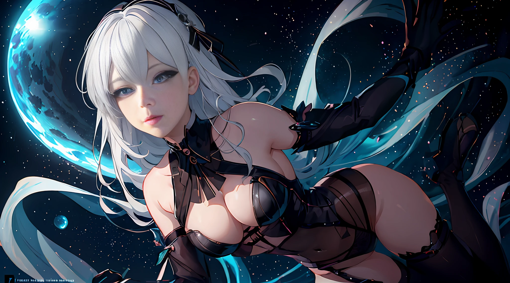 anime girl with white hair and black stockings posing in front of a blue background, seductive anime girl, trending on artstation pixiv, detailed digital anime art, fanart best artstation, 8k high quality detailed art, digital art on pixiv, beautiful alluring anime woman, perfect android girl, guweiz on artstation pixiv