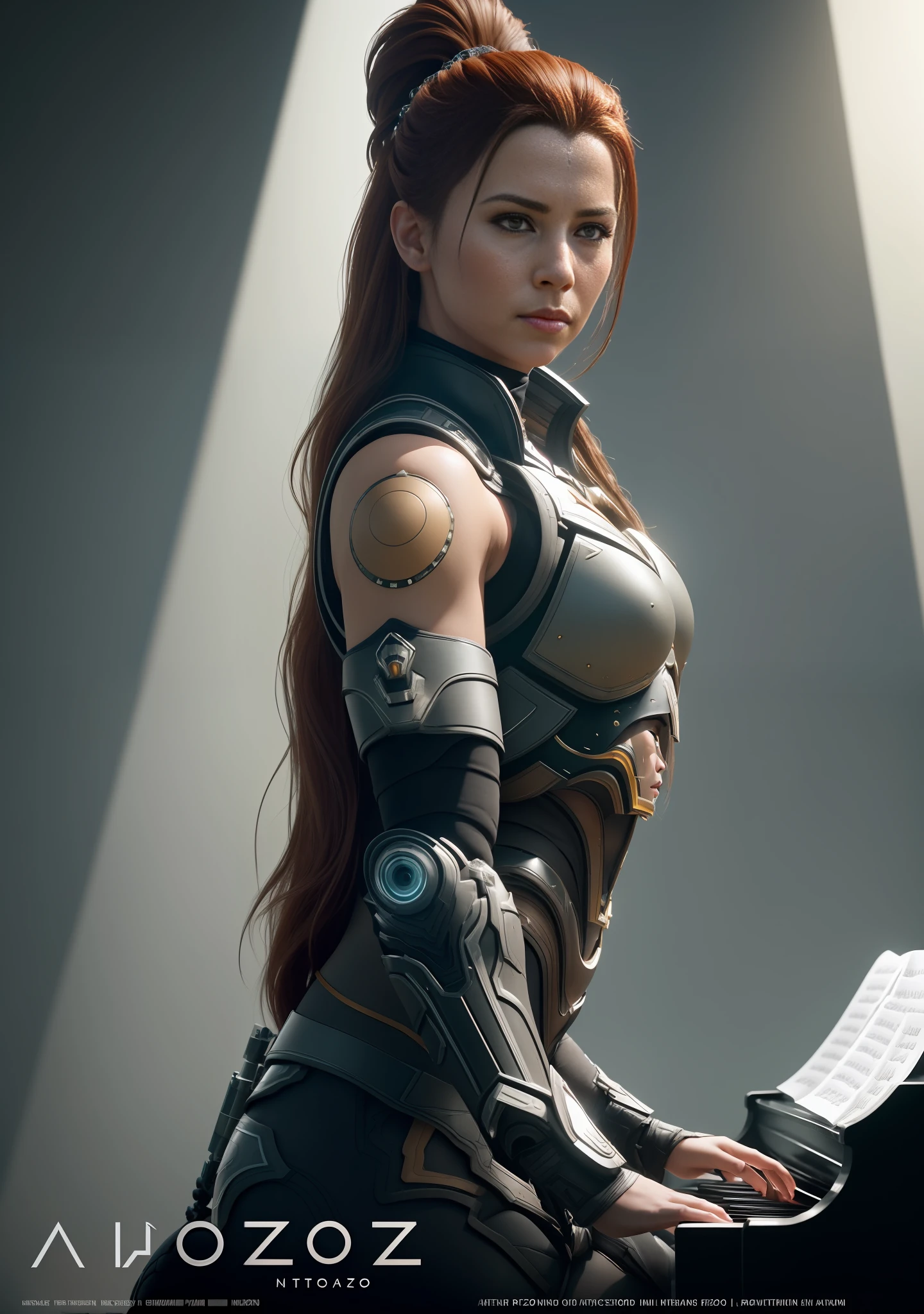 amazing beautiful background,epic movie poster ,professional photo portrait, a woman from argentine as Aloy from horizon zero down, real life photo, liveaction, she is playing piano, in a lush elegant colon teather, background for wallpaper, trending on artstation, unreal engine 5, beautiful clear natural lighting, professional lighting, dramatic lighting, FOV, depth of field