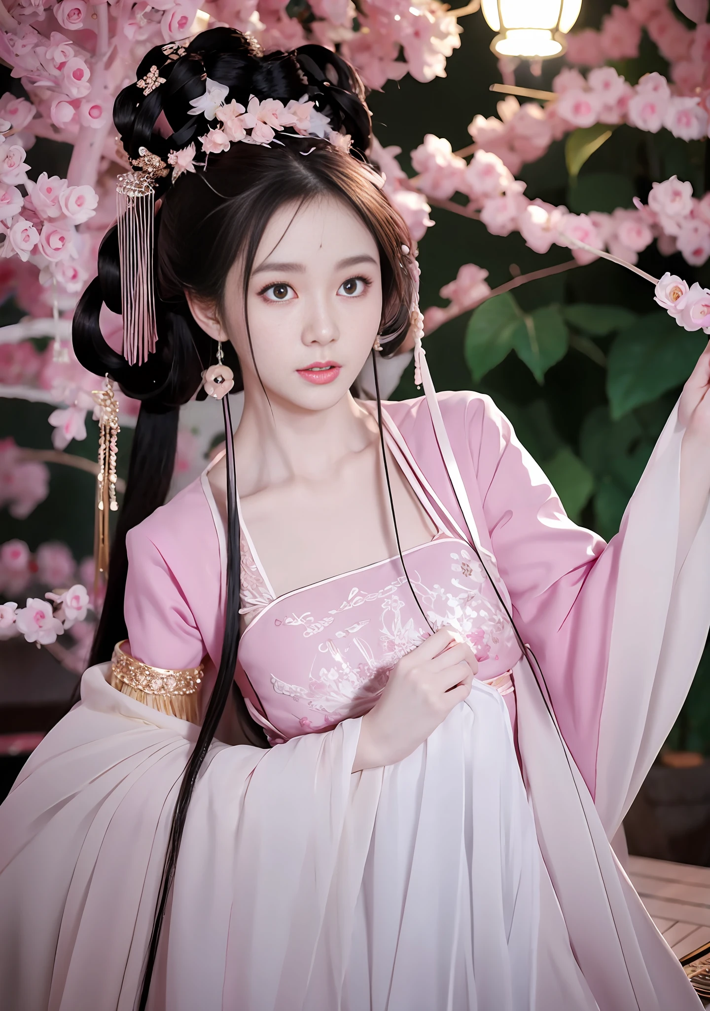 (ulzzang-6500-v1.1:0.4), 1girl, kpop idol, yae miko,detailed face,long legs shot,full body, masterpiece, best quality, (extremely detailed CG unity 8k wallpaper, masterpiece, best quality, ultra-detailed, best shadow), (detailed background), (beautiful detailed face, beautiful detailed eyes), High contrast, (best illumination, an extremely delicate and beautiful), detached sleeves, pink hair, long hair, best quality, (photorealistic:1.2), (hair ornament:1.35), jewelry, purple eyes, earrings, large breasts, torii, cherry blossoms, lantern light, depth of field, detailed face, face focus, (looking at viewer:1.25), shiny skin, long sleeves