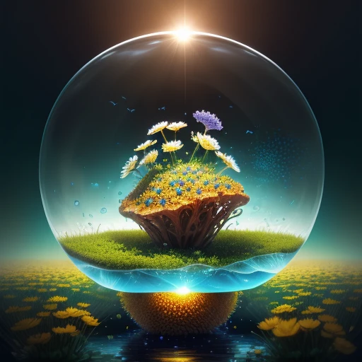 anthill with flowers and insects trapped in a water bubble on top realistic