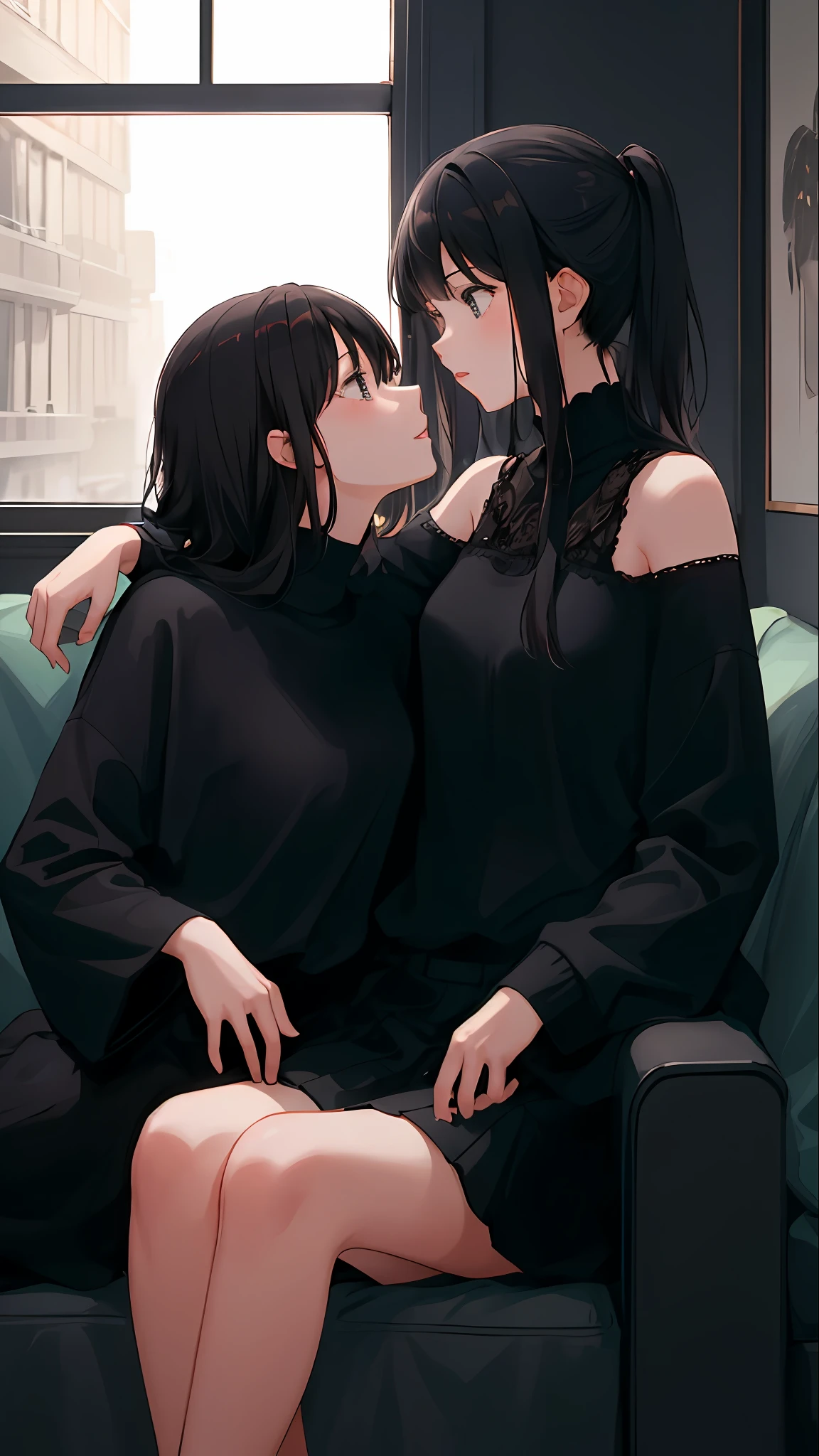 Two girls, kissing, one girl - short, dark hair, and the second - very tall, they sit on the couch, arms around each other, passion, 4k, different girls in appearance