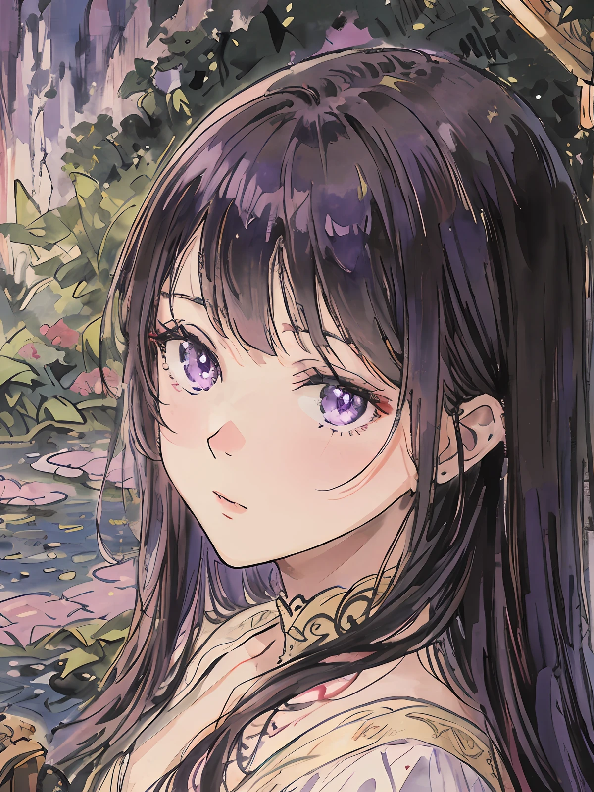 masterpiece, best quality, an extremely delicate and beautiful girl,an extremely delicate and beautiful, in beautiful garden, ultra-detailed, highly detailed, best quality, dark purple hair, purple eyes, no emotion stare, highres, extremely detailed,1girl, best quality, illustration, looking at viewer, impasto, canvas, oil painting, realistic, realist ,real,