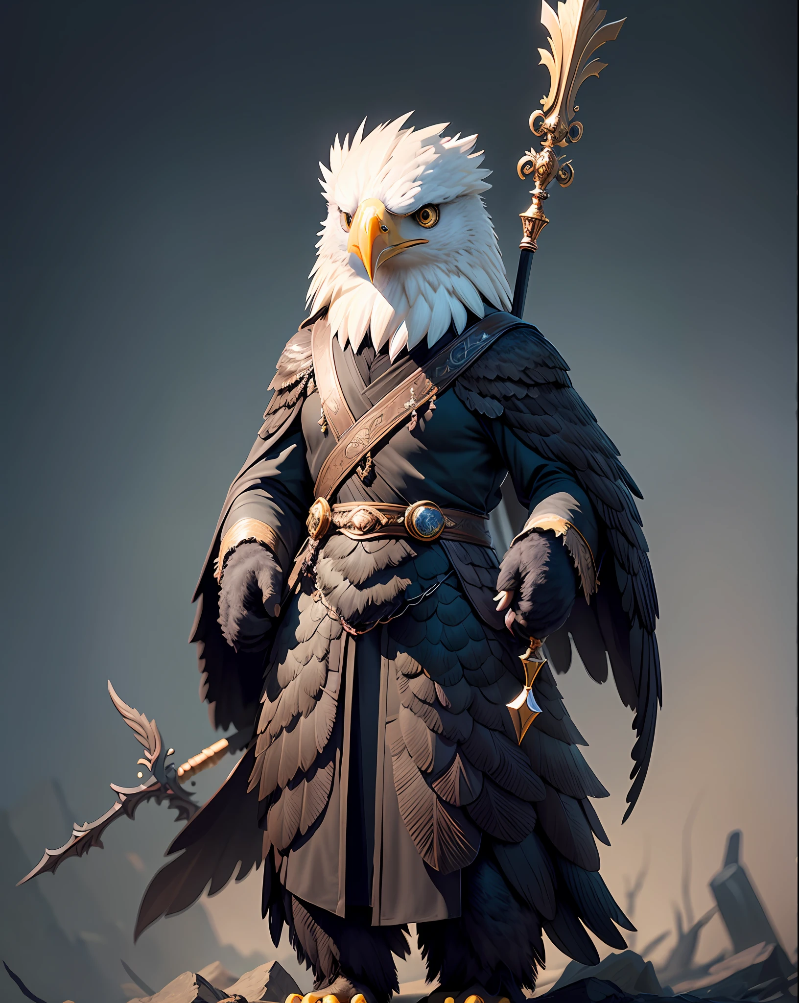 Masterpiece of cute creatures, very detailed, anthropomorphic, eagle mage, (eagle man), holding a staff, wearing a black robe, close-up, 8k, full body, Unreal Engine, (fantasy creature), --v 6